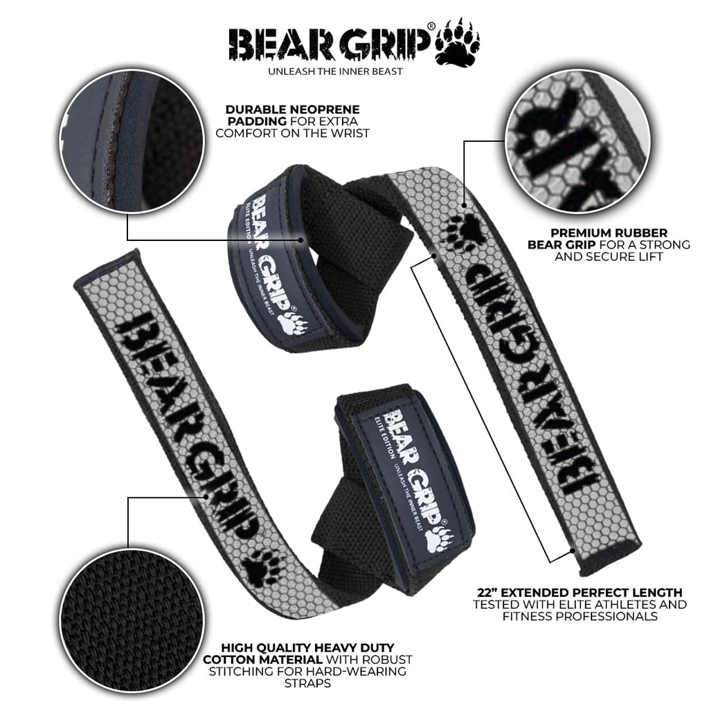 BEAR GRIP Straps - Premium Neoprene Padded Heavy Duty Double Stitched Weight Lifting Gym Straps, Deadlift, Gym Accessories for Men and Women, Advanced Gel Grip, 100% cotton, Extra long length
