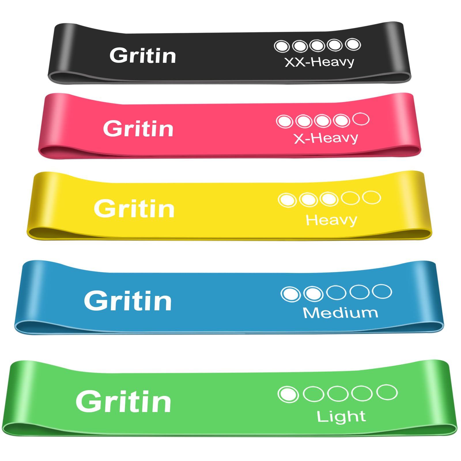 Gritin Resistance Bands, Set of 5 Skin-Friendly Resistance Fitness Exercise Loop Bands with 5 Different Strength Levels - Carrying Case Included - Ideal for Home, Gym, Yoga, Training