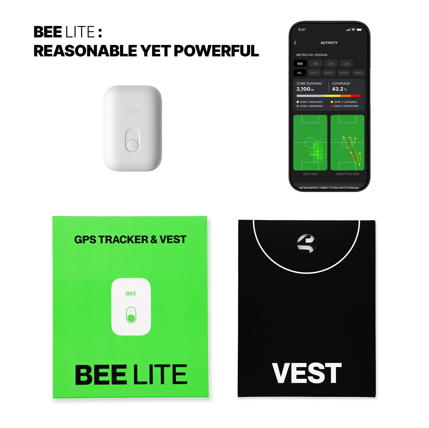 SOCCERBEE-BEE LITE 2 - Sports GPS Tracker & Vest for Outdoor Sports | 30days trial included & Subscription Requierd | Soccer Training Equipment | Fitness Tracker (Medium)