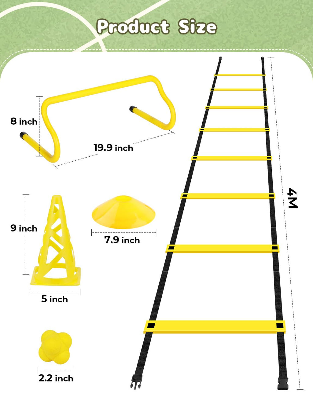 YISSVIC Football Training Equipment Fitness Speed Agility Ladder Training Set for Kids Adult with 4M 8-Rung Ladder 20 Cones 6 Hurdles 6 Traffic Cones 1 Reaction Ball Carry Bag