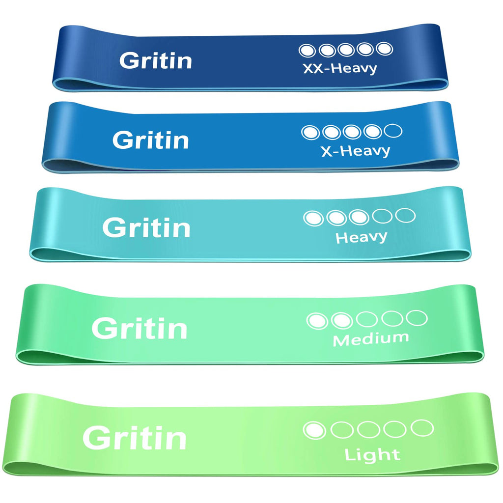 Gritin Resistance Bands, Set of 5 Skin-Friendly Resistance Fitness Exercise Loop Bands with 5 Different Strength Levels - Carrying Case Included - Ideal for Home, Gym, Yoga, Training