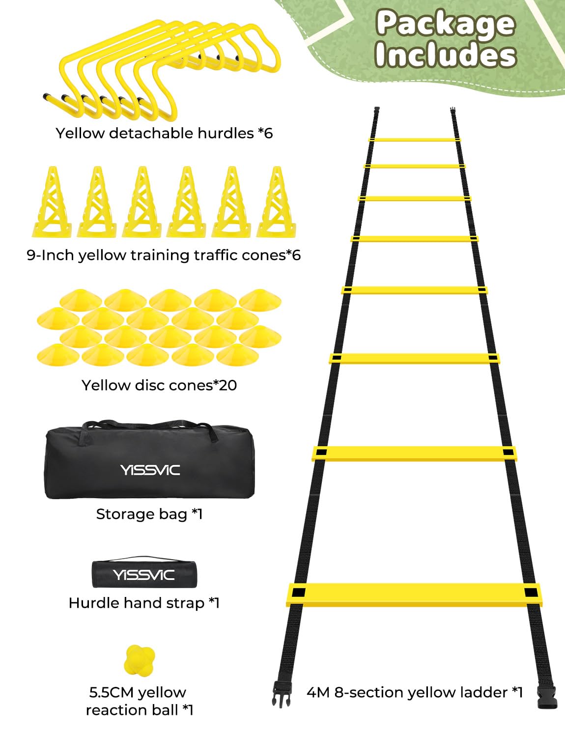 YISSVIC Football Training Equipment Fitness Speed Agility Ladder Training Set for Kids Adult with 4M 8-Rung Ladder 20 Cones 6 Hurdles 6 Traffic Cones 1 Reaction Ball Carry Bag