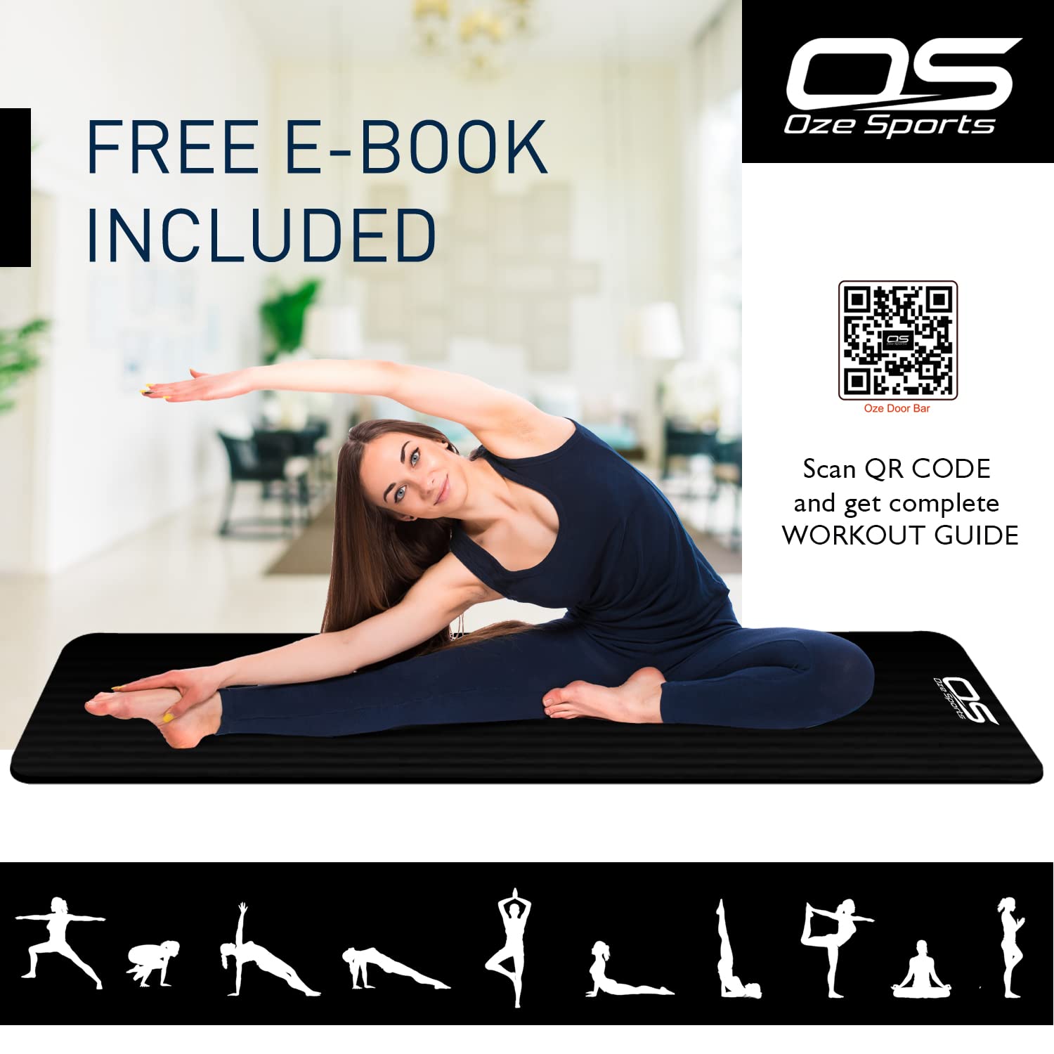OZE SPORTS Yoga Mat, NBR Foam, Extra Thick, Non-Slip, High Density, Large, for Pilates, Gymnastics, HiiT and Fitness, with Free Carry Strap