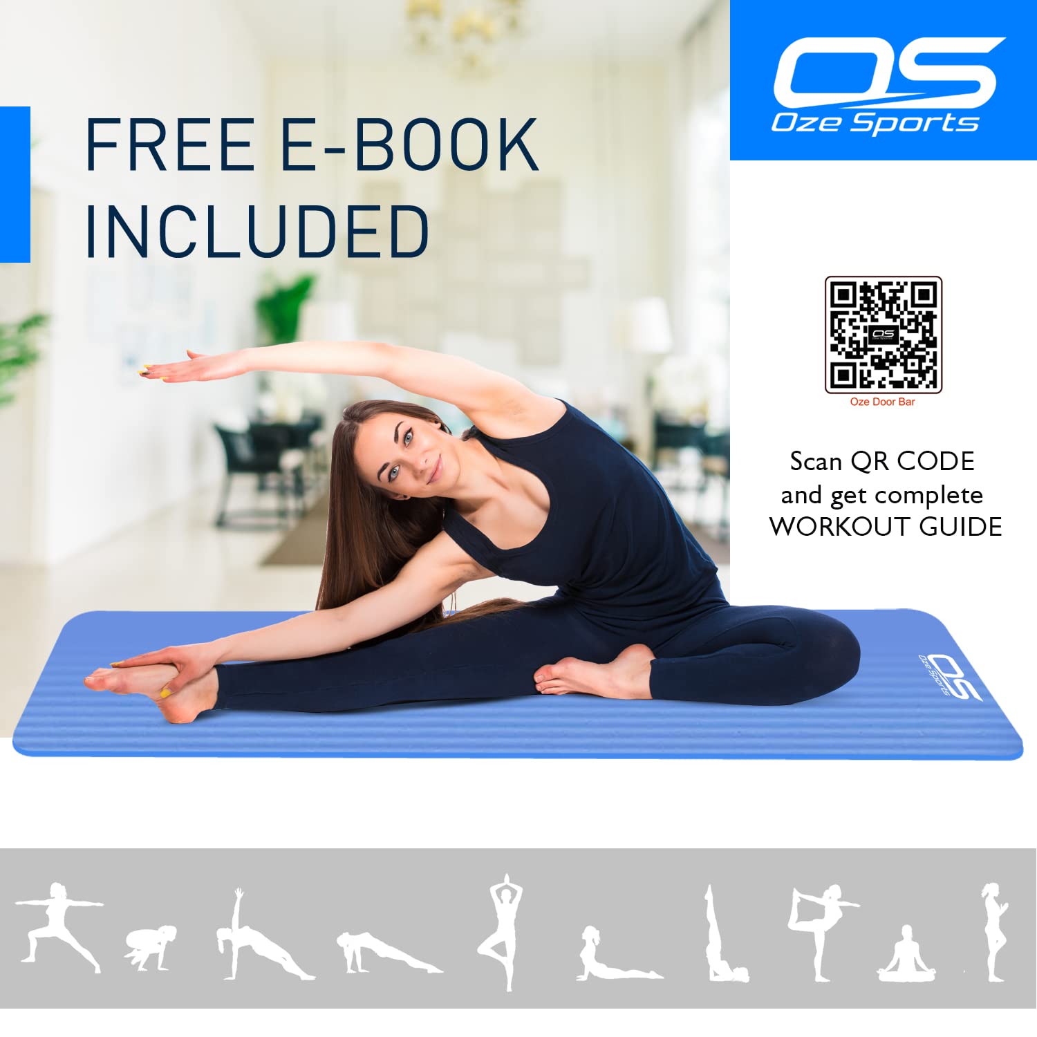 OZE SPORTS Yoga Mat, NBR Foam, Extra Thick, Non-Slip, High Density, Large, for Pilates, Gymnastics, HiiT and Fitness, with Free Carry Strap