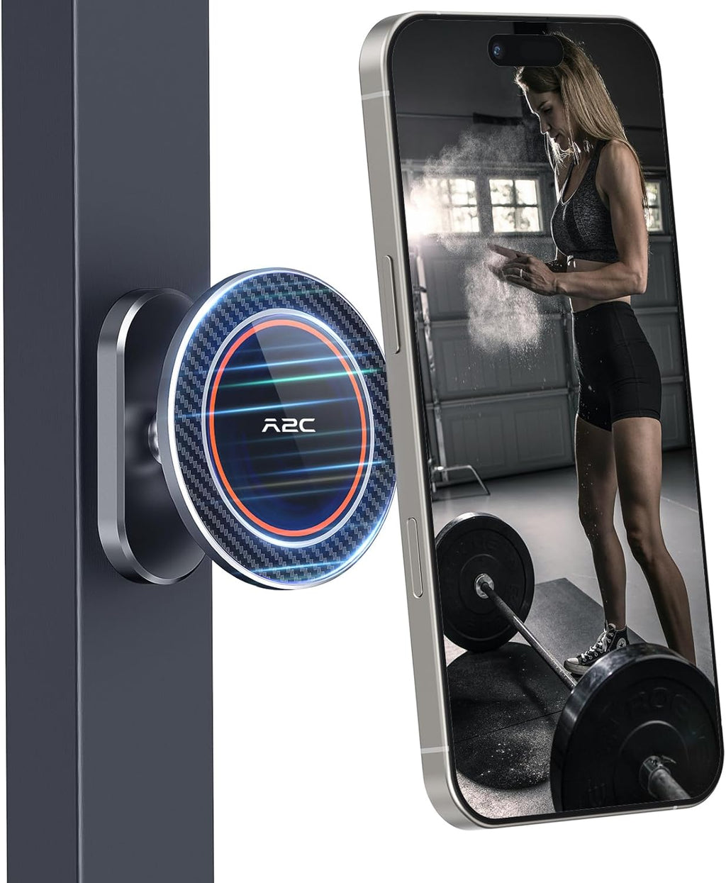 A2C All-Metal Gym Magnetic Phone Holder for MagSafe,High-End Workout Essentials Gift for Men Women,[Dual Magnet] Portable Phone Mount Gym Accessories Compatible with iPhone 16 15 14 13 12 (Gray)