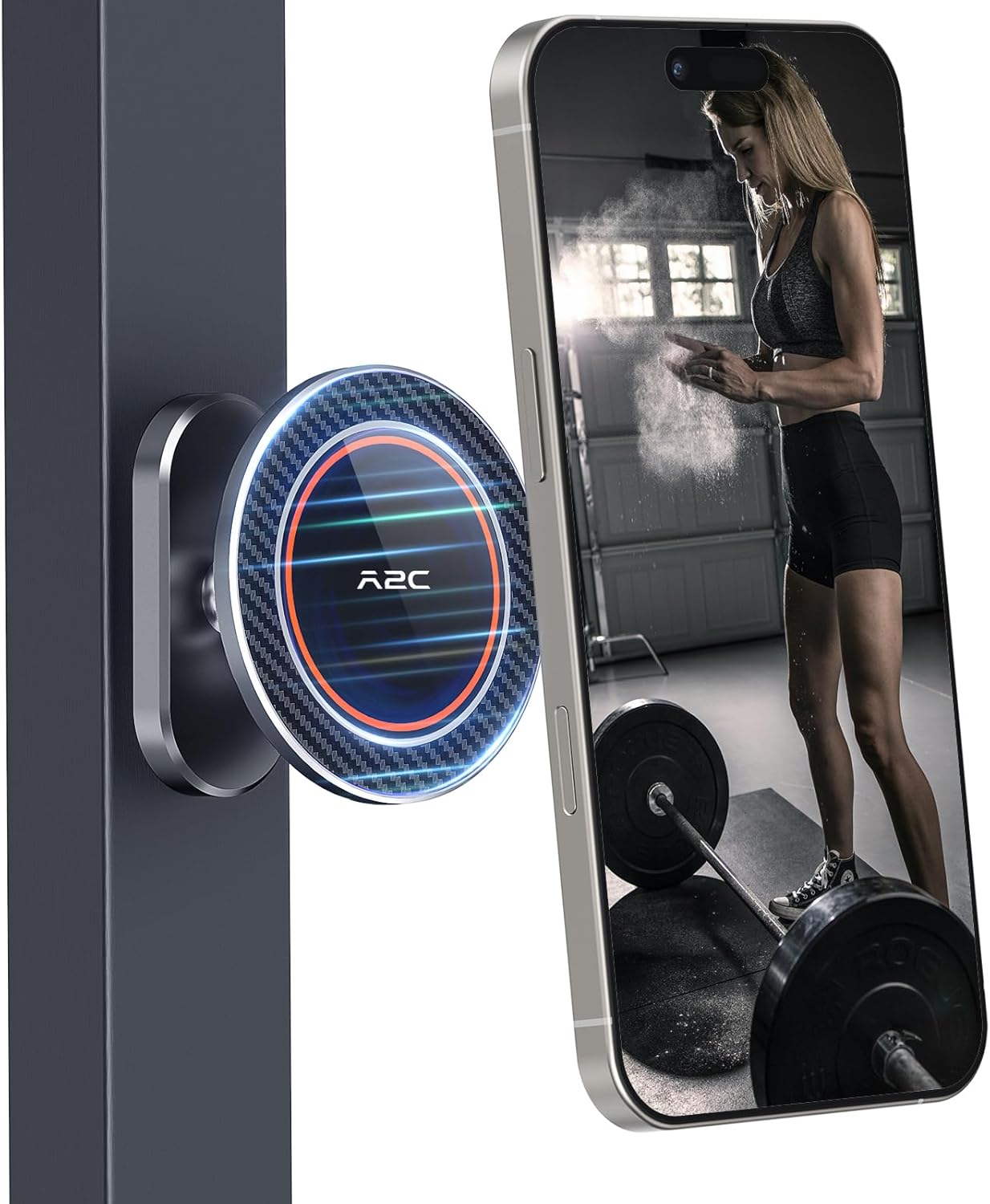 A2C All-Metal Gym Magnetic Phone Holder for MagSafe,High-End Workout Essentials Gift for Men Women,[Dual Magnet] Portable Phone Mount Gym Accessories Compatible with iPhone 16 15 14 13 12 (Gray)