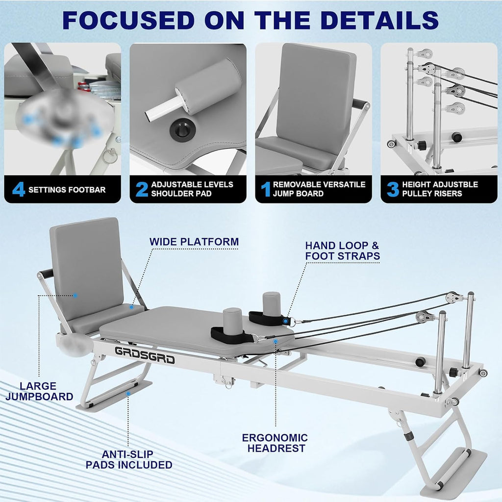 Foldable Reformer Pilates Machine Compact Pilates Reformer Machine Equipment for Home Gym, Grey