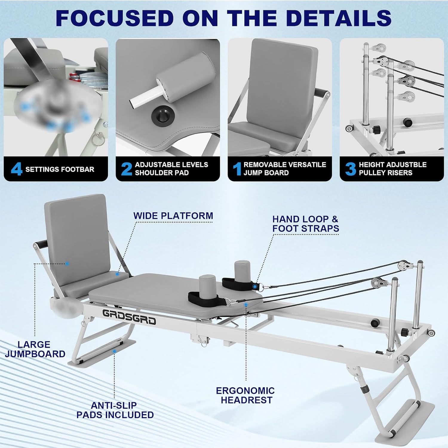 Foldable Reformer Pilates Machine Compact Pilates Reformer Machine Equipment for Home Gym, Grey