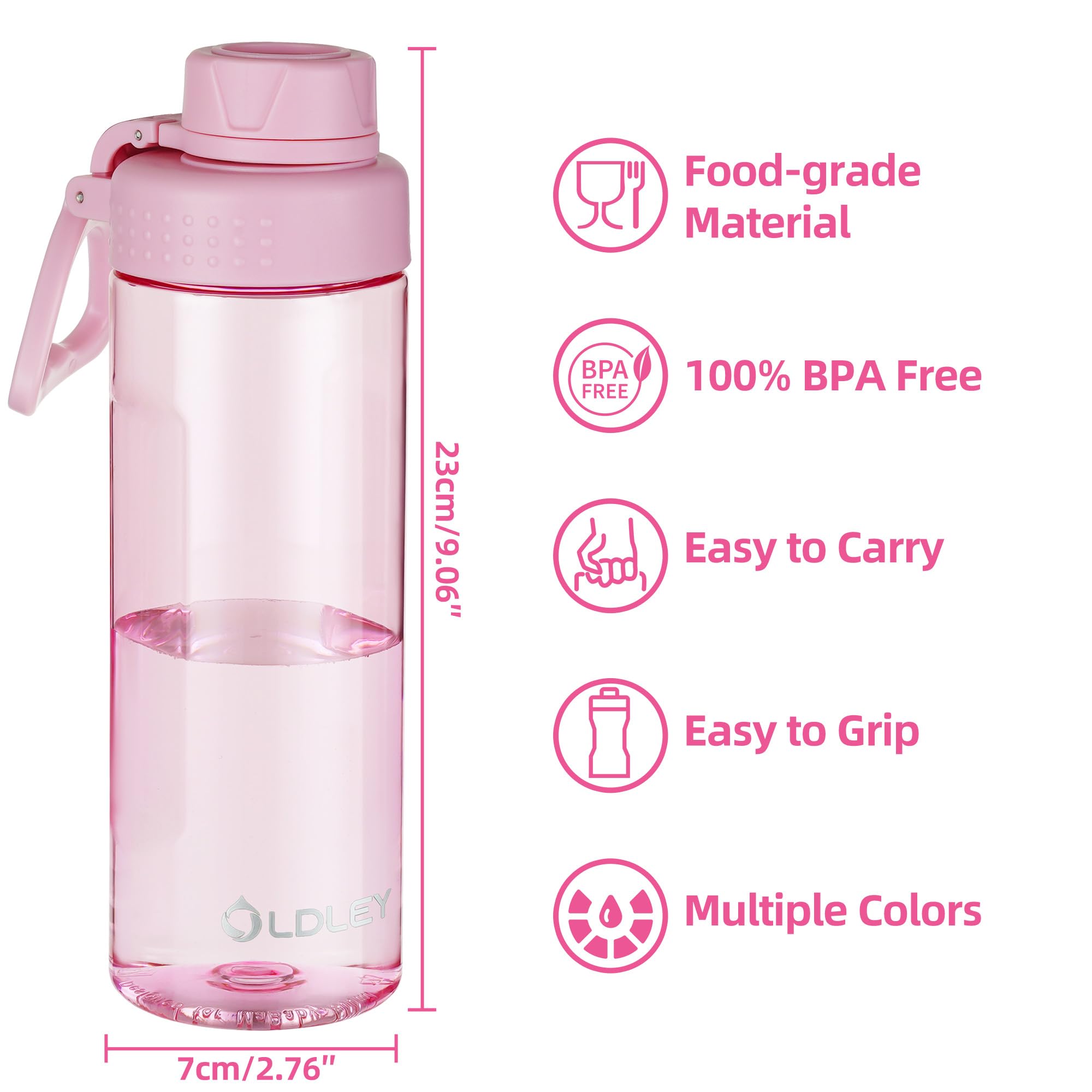 OLDLEY 600ml/20oz Water Bottle BPA Free Tritan Clear Water Bottle with Screw Lid & Carry Loop Reusable Leakproof Drinking Bottle for Sports, Gym, School, Outdoor (Black)
