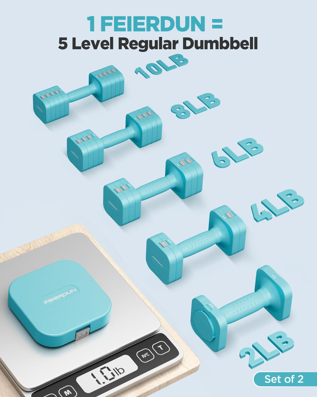 FEIERDUN Adjustable Dumbbell Set of 2, Each 2/4/6/8/10 lbs Weight for women, 5-in-1 Weights Dumbbells Set, Quick Adjust Weight, Double Locking Protection, Versatile Hand Weights for Home Gym