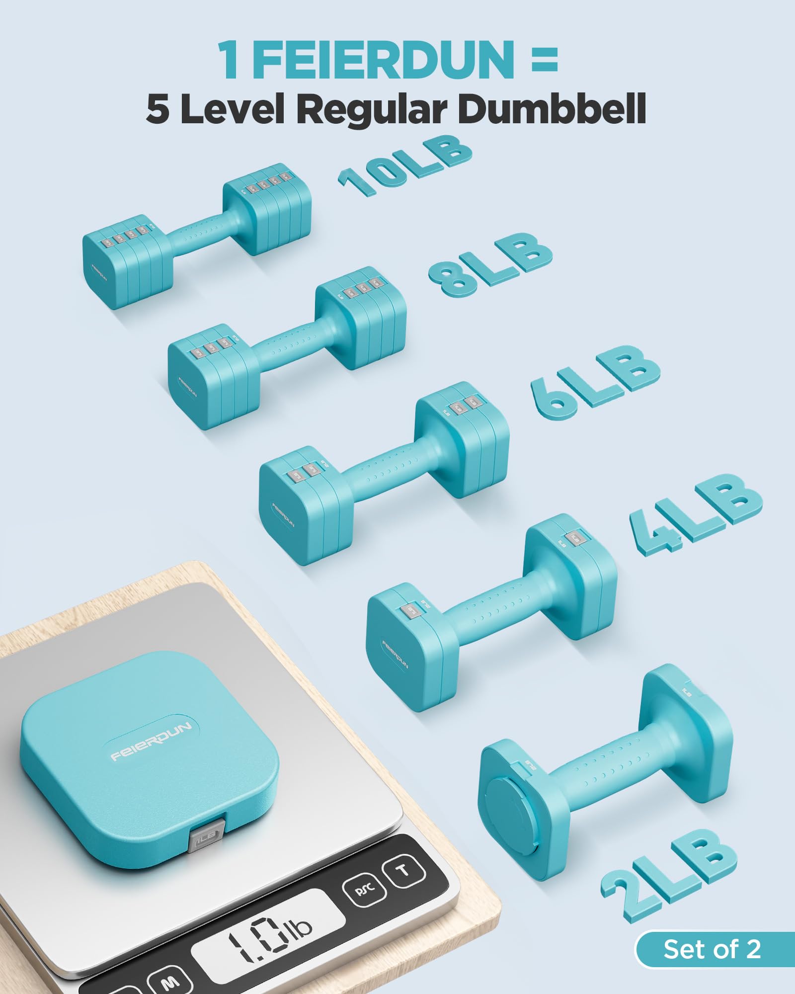 FEIERDUN Adjustable Dumbbell Set of 2, Each 2/4/6/8/10 lbs Weight for women, 5-in-1 Weights Dumbbells Set, Quick Adjust Weight, Double Locking Protection, Versatile Hand Weights for Home Gym