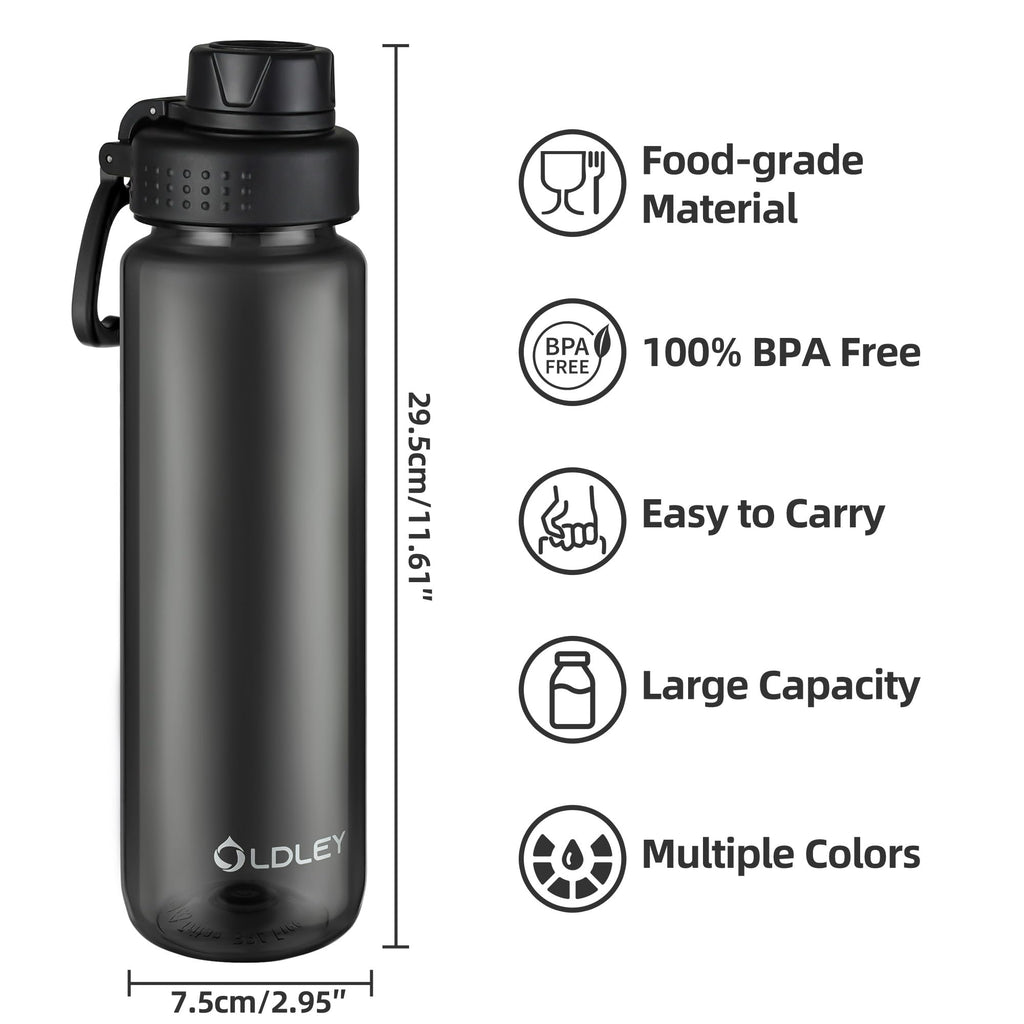 OLDLEY 600ml/20oz Water Bottle BPA Free Tritan Clear Water Bottle with Screw Lid & Carry Loop Reusable Leakproof Drinking Bottle for Sports, Gym, School, Outdoor (Black)