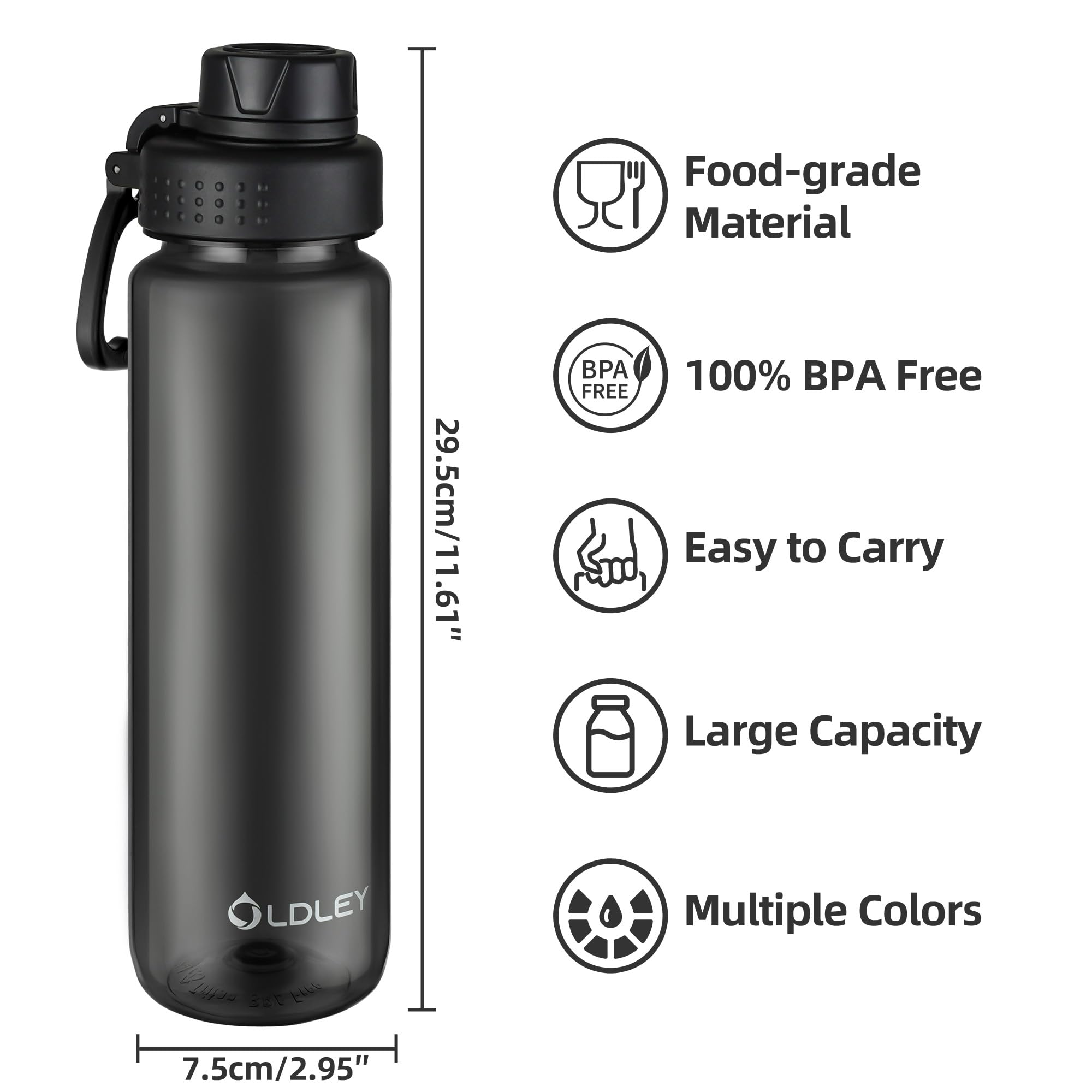 OLDLEY 600ml/20oz Water Bottle BPA Free Tritan Clear Water Bottle with Screw Lid & Carry Loop Reusable Leakproof Drinking Bottle for Sports, Gym, School, Outdoor (Black)