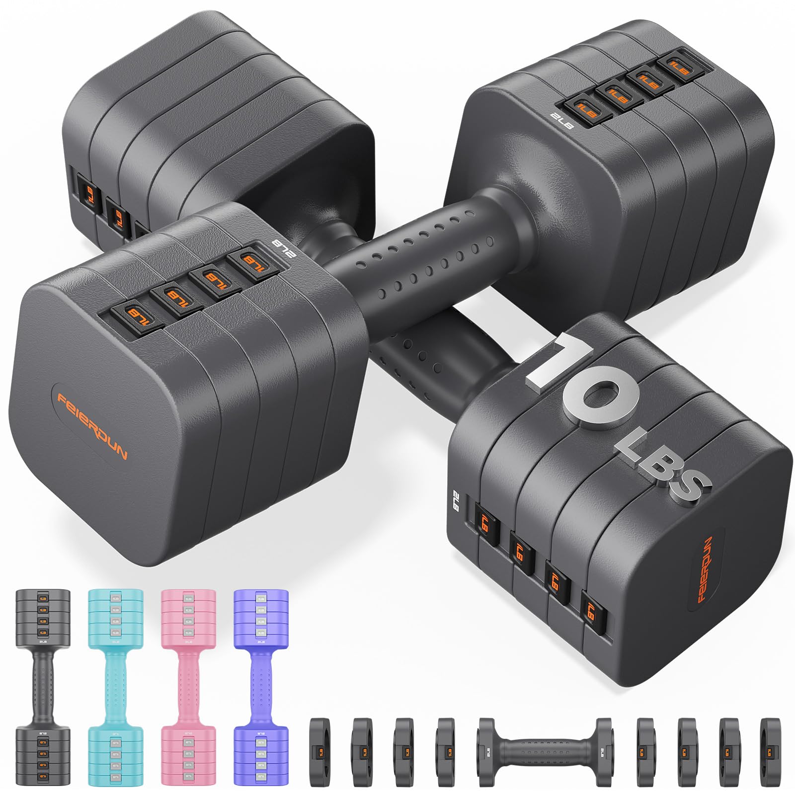 FEIERDUN Adjustable Dumbbell Set of 2, Each 2/4/6/8/10 lbs Weight for women, 5-in-1 Weights Dumbbells Set, Quick Adjust Weight, Double Locking Protection, Versatile Hand Weights for Home Gym