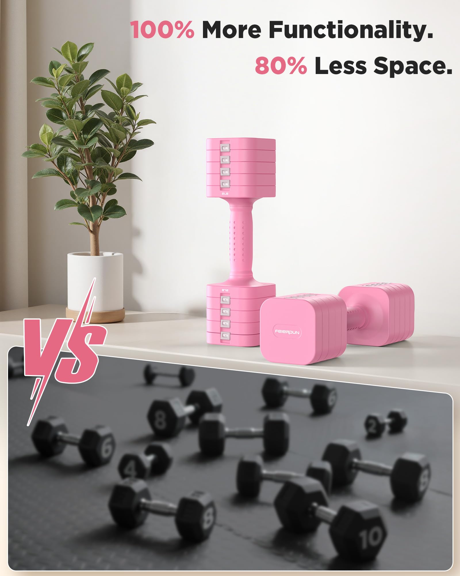 FEIERDUN Adjustable Dumbbell Set of 2, Each 2/4/6/8/10 lbs Weight for women, 5-in-1 Weights Dumbbells Set, Quick Adjust Weight, Double Locking Protection, Versatile Hand Weights for Home Gym