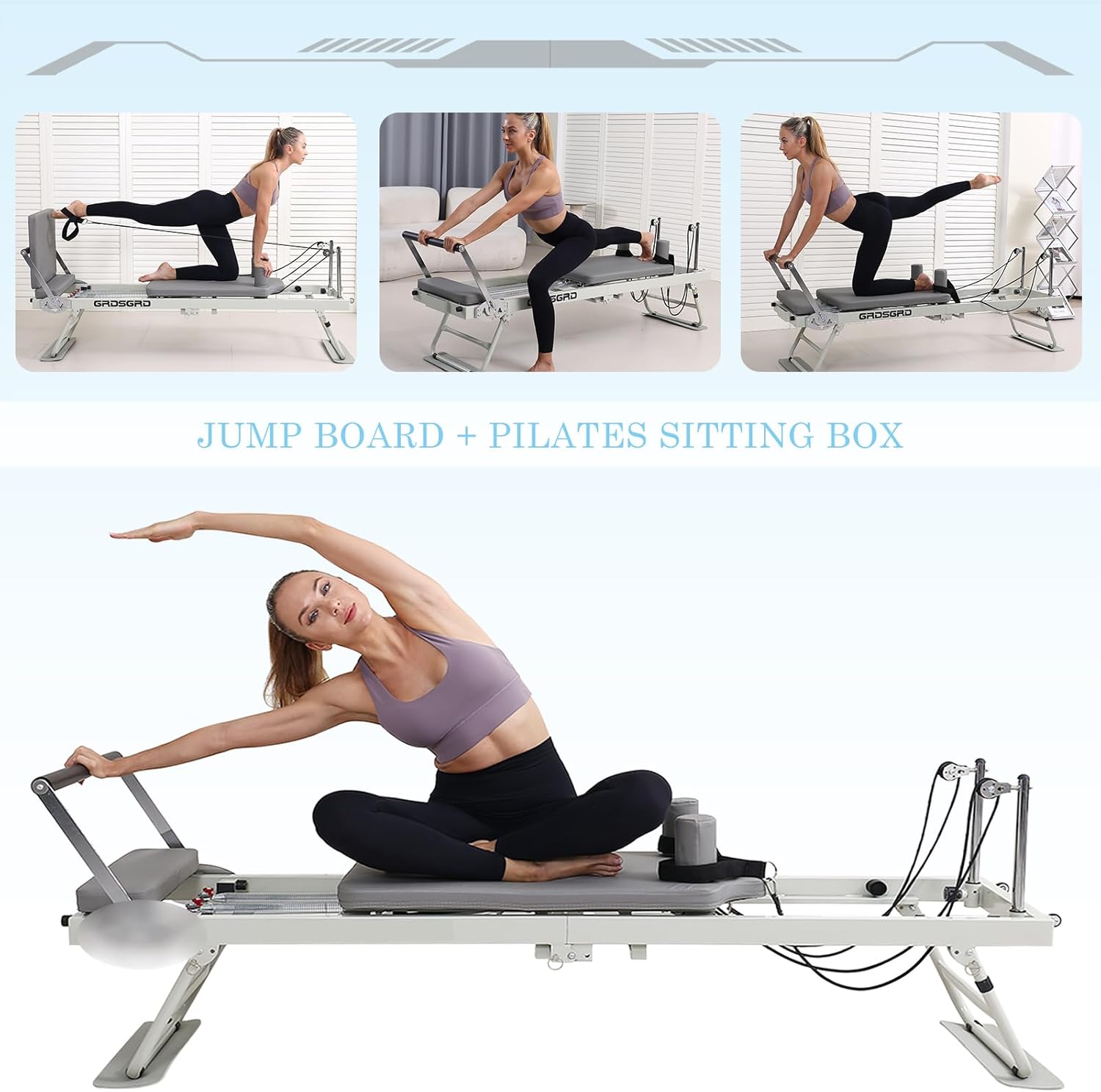 Foldable Reformer Pilates Machine Compact Pilates Reformer Machine Equipment for Home Gym, Grey