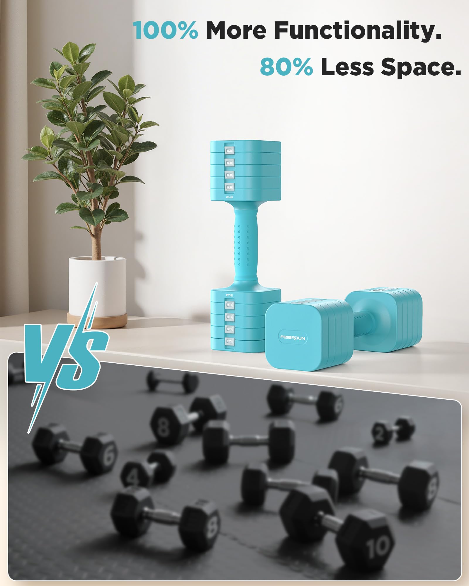 FEIERDUN Adjustable Dumbbell Set of 2, Each 2/4/6/8/10 lbs Weight for women, 5-in-1 Weights Dumbbells Set, Quick Adjust Weight, Double Locking Protection, Versatile Hand Weights for Home Gym