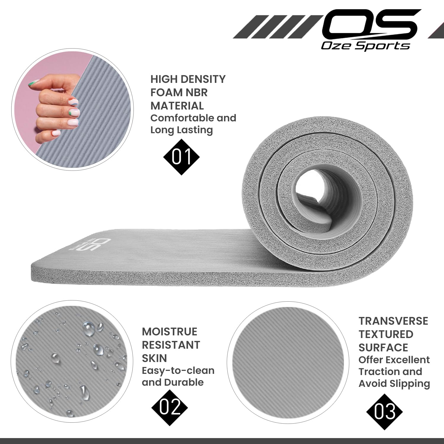 OZE SPORTS Yoga Mat, NBR Foam, Extra Thick, Non-Slip, High Density, Large, for Pilates, Gymnastics, HiiT and Fitness, with Free Carry Strap