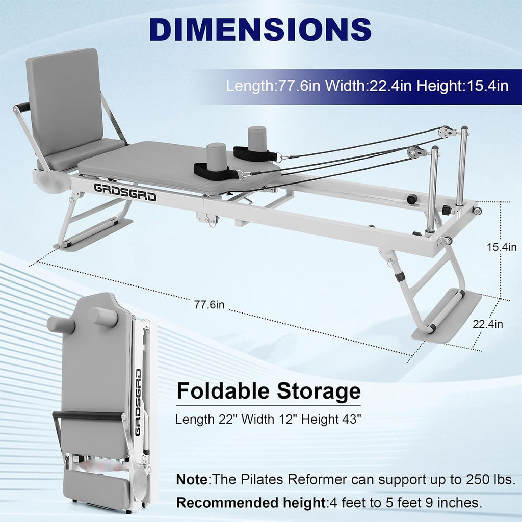 Foldable Reformer Pilates Machine Compact Pilates Reformer Machine Equipment for Home Gym, Grey