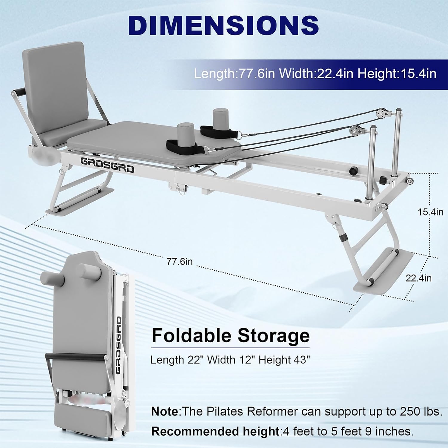 Foldable Reformer Pilates Machine Compact Pilates Reformer Machine Equipment for Home Gym, Grey