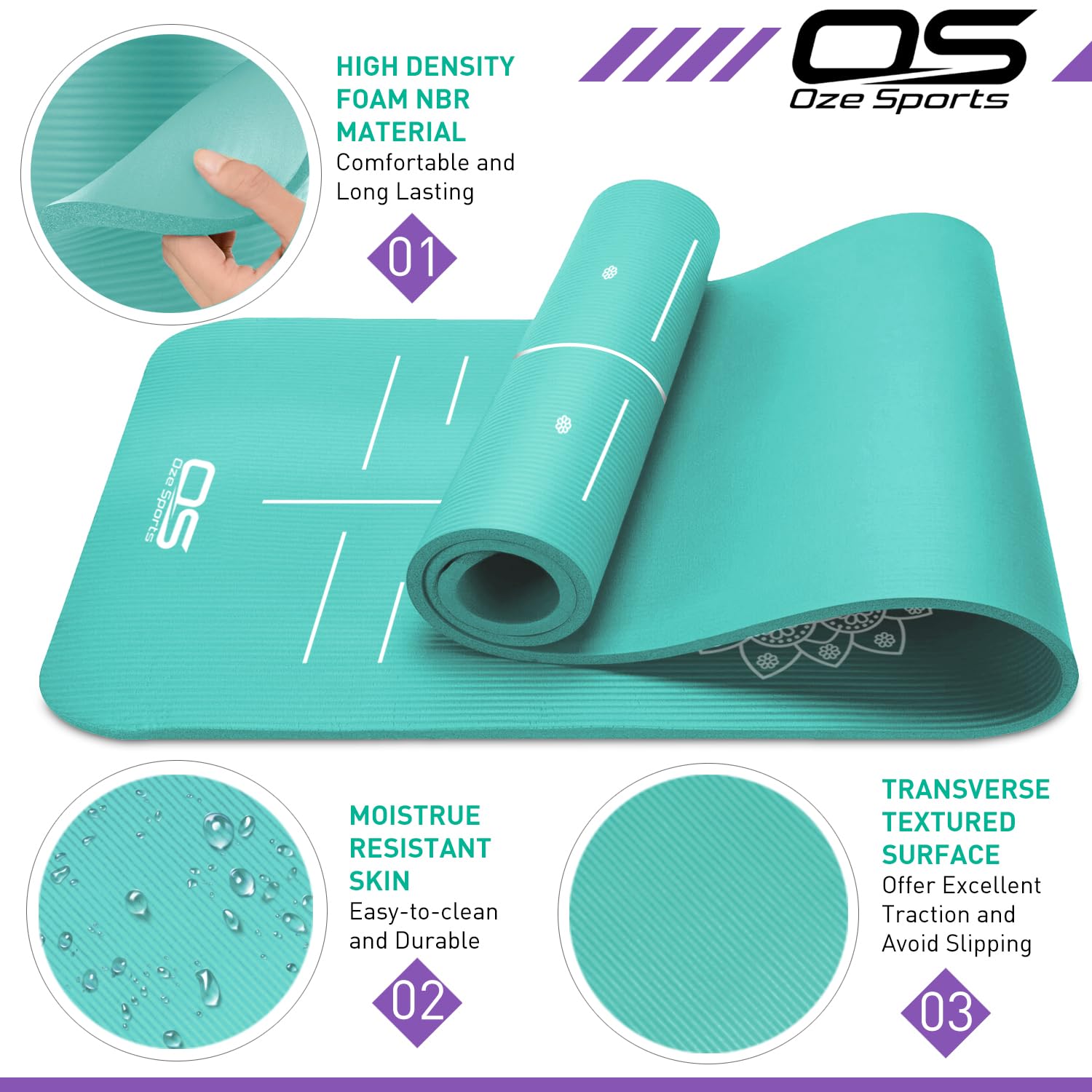 OZE SPORTS Yoga Mat, NBR Foam, Extra Thick, Non-Slip, High Density, Large, for Pilates, Gymnastics, HiiT and Fitness, with Free Carry Strap