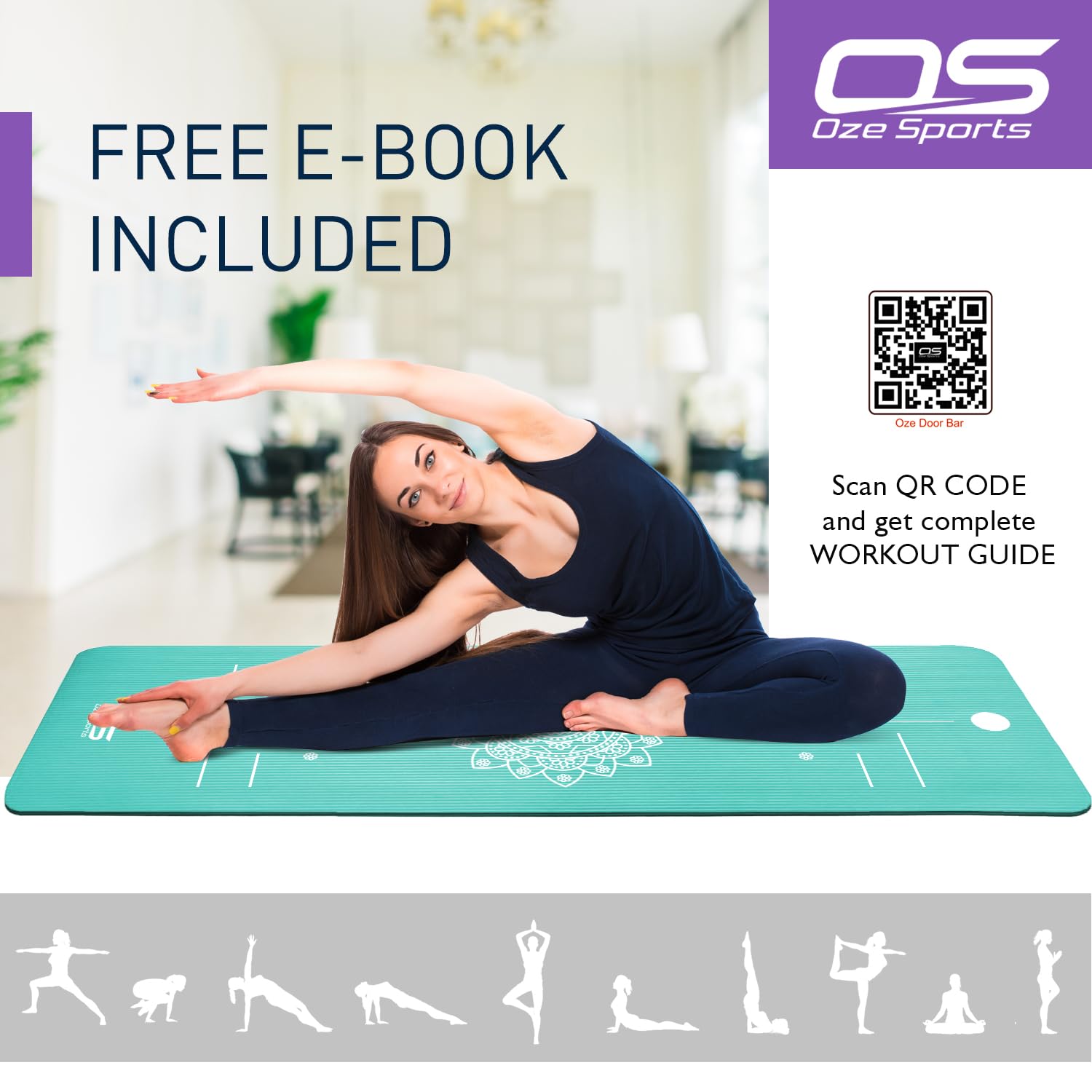 OZE SPORTS Yoga Mat, NBR Foam, Extra Thick, Non-Slip, High Density, Large, for Pilates, Gymnastics, HiiT and Fitness, with Free Carry Strap