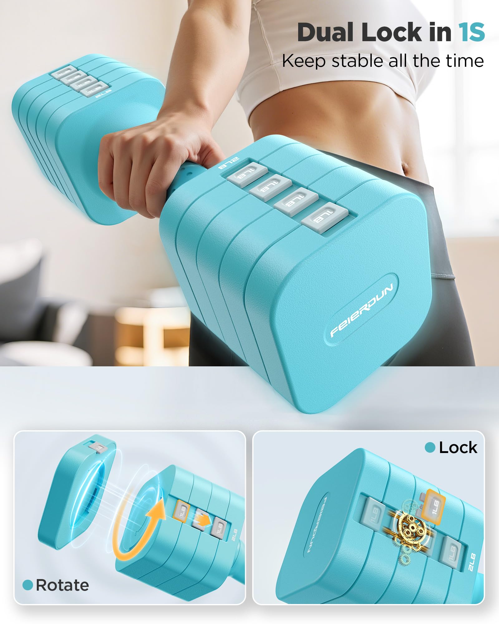 FEIERDUN Adjustable Dumbbell Set of 2, Each 2/4/6/8/10 lbs Weight for women, 5-in-1 Weights Dumbbells Set, Quick Adjust Weight, Double Locking Protection, Versatile Hand Weights for Home Gym