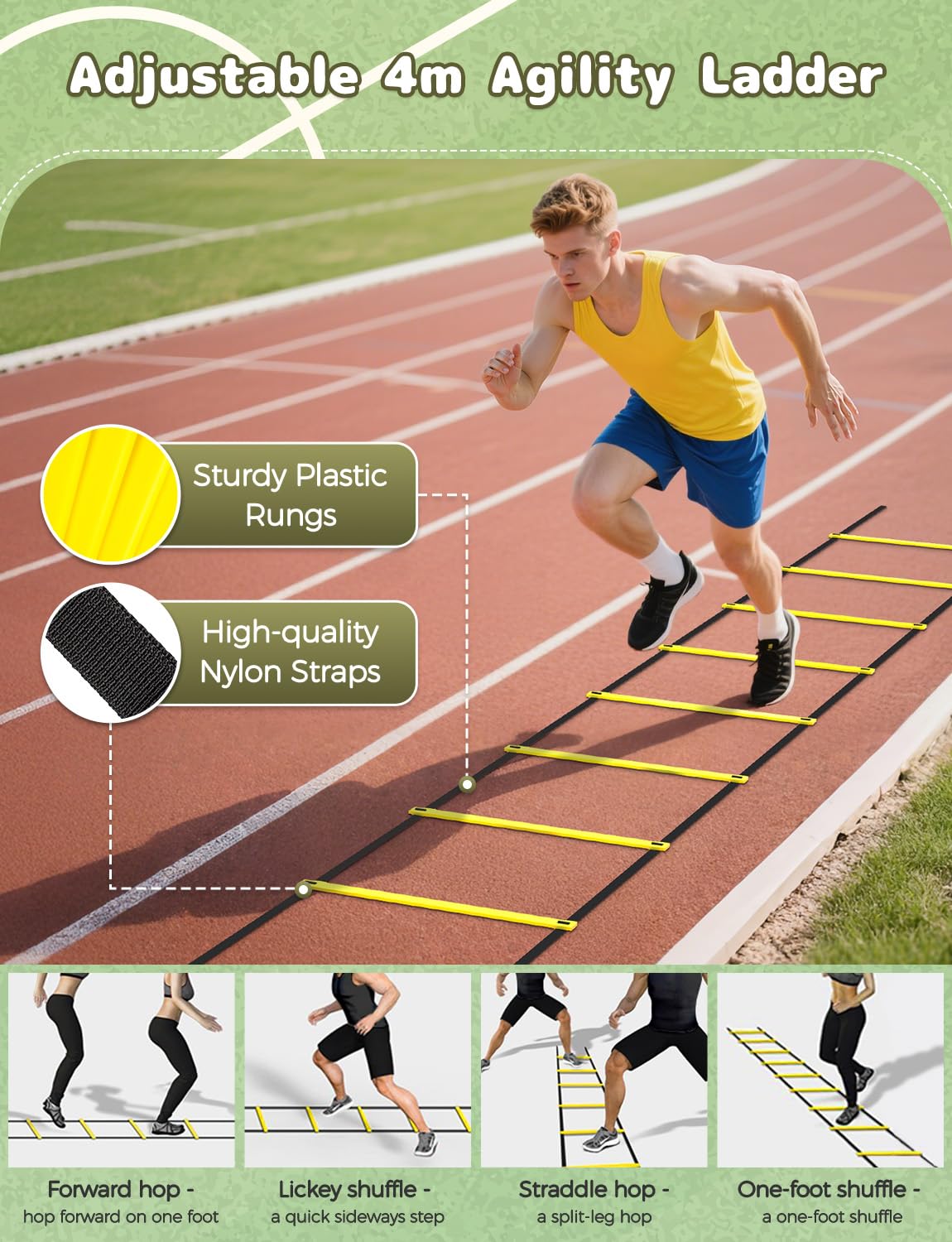 YISSVIC Football Training Equipment Fitness Speed Agility Ladder Training Set for Kids Adult with 4M 8-Rung Ladder 20 Cones 6 Hurdles 6 Traffic Cones 1 Reaction Ball Carry Bag