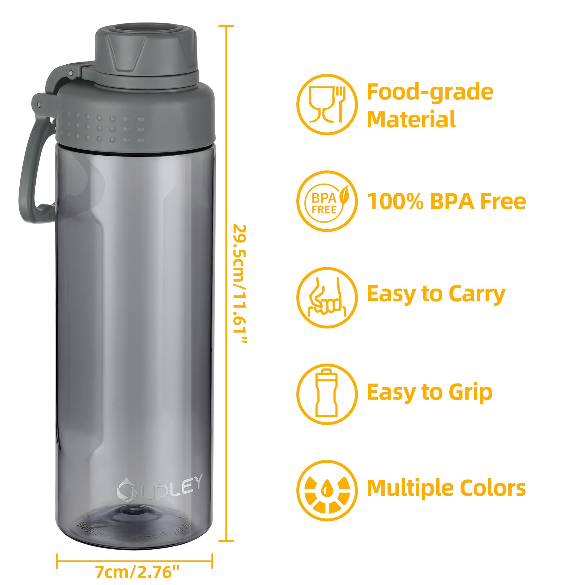 OLDLEY 600ml/20oz Water Bottle BPA Free Tritan Clear Water Bottle with Screw Lid & Carry Loop Reusable Leakproof Drinking Bottle for Sports, Gym, School, Outdoor (Black)