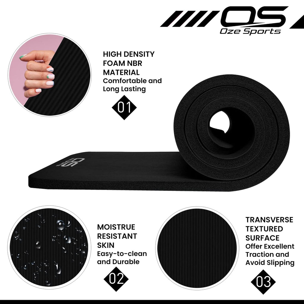OZE SPORTS Yoga Mat, NBR Foam, Extra Thick, Non-Slip, High Density, Large, for Pilates, Gymnastics, HiiT and Fitness, with Free Carry Strap
