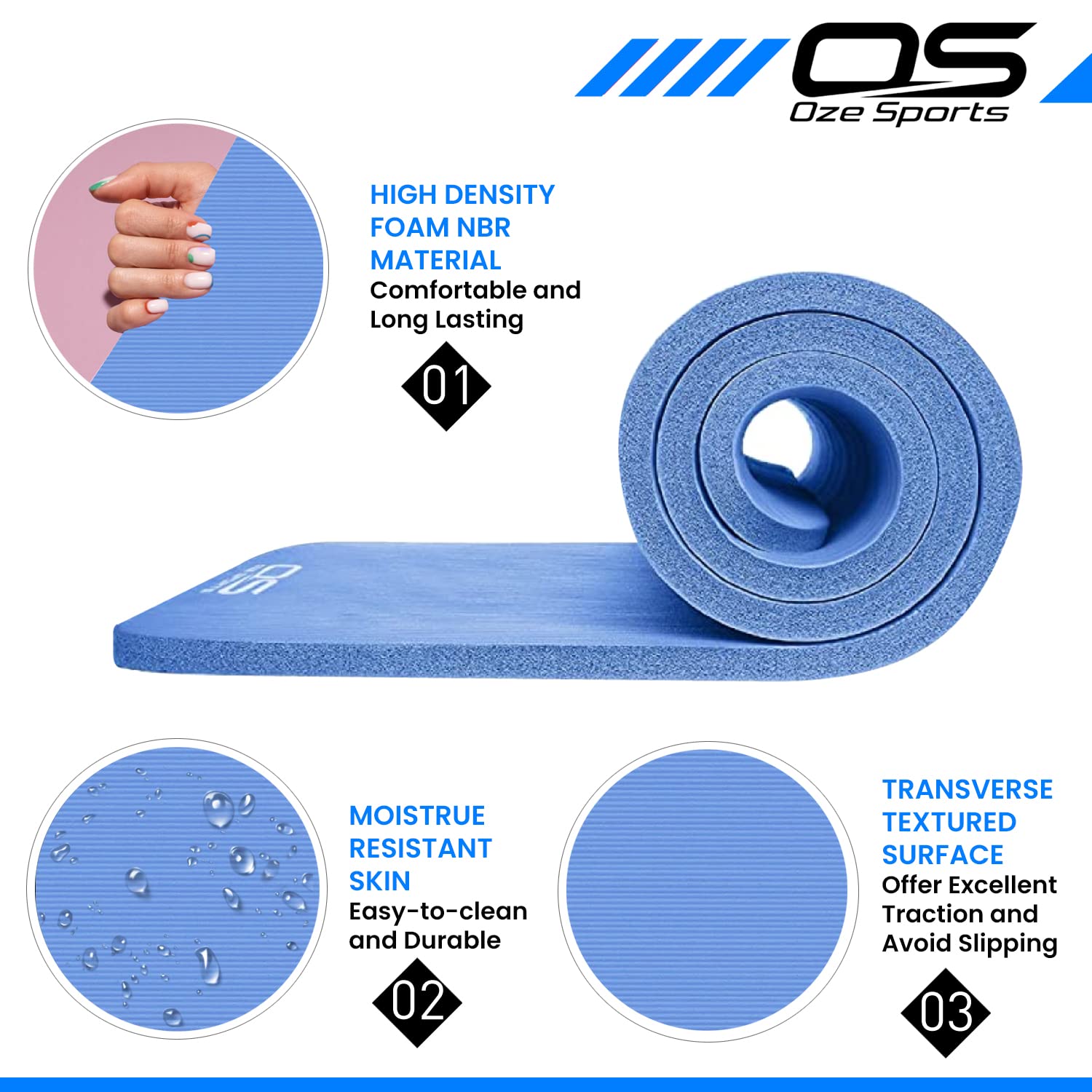 OZE SPORTS Yoga Mat, NBR Foam, Extra Thick, Non-Slip, High Density, Large, for Pilates, Gymnastics, HiiT and Fitness, with Free Carry Strap