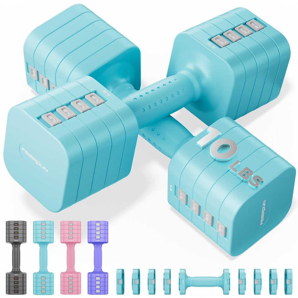 FEIERDUN Adjustable Dumbbell Set of 2, Each 2/4/6/8/10 lbs Weight for women, 5-in-1 Weights Dumbbells Set, Quick Adjust Weight, Double Locking Protection, Versatile Hand Weights for Home Gym