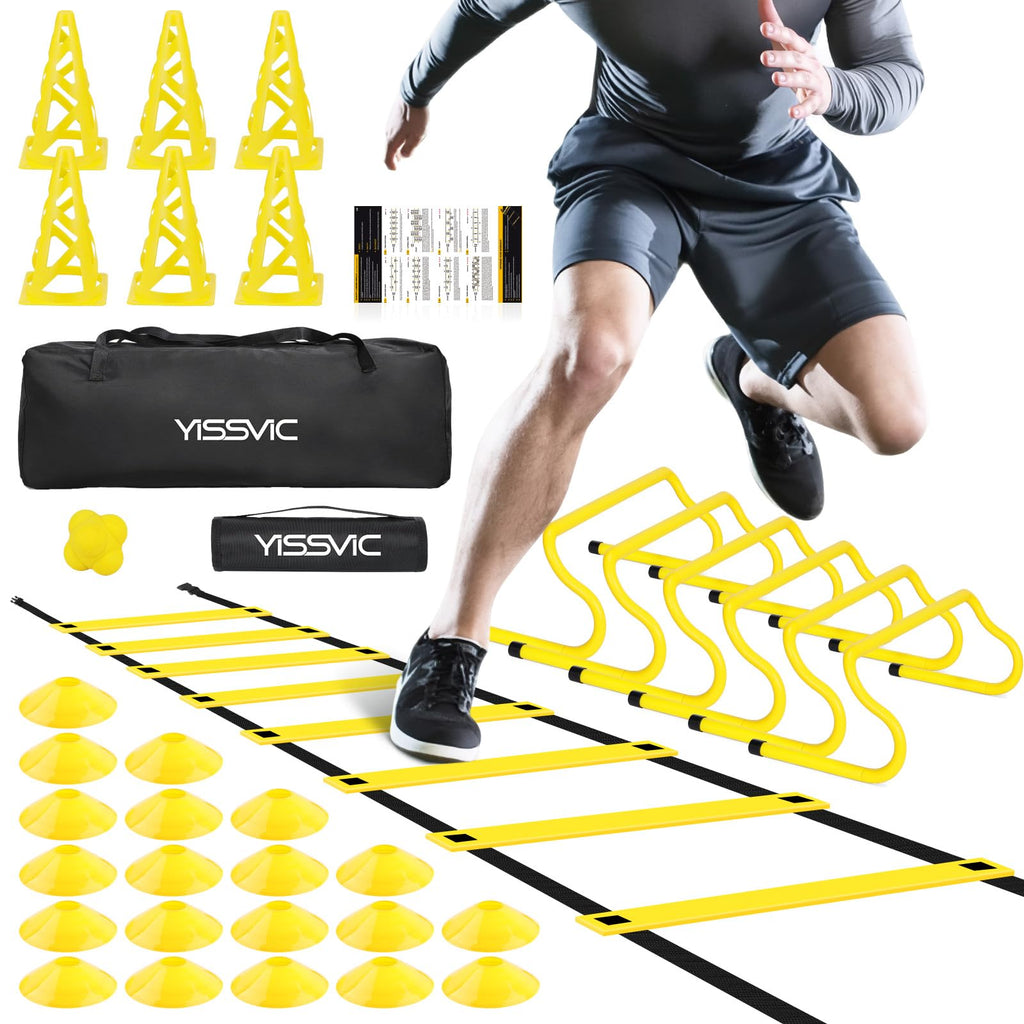 YISSVIC Football Training Equipment Fitness Speed Agility Ladder Training Set for Kids Adult with 4M 8-Rung Ladder 20 Cones 6 Hurdles 6 Traffic Cones 1 Reaction Ball Carry Bag
