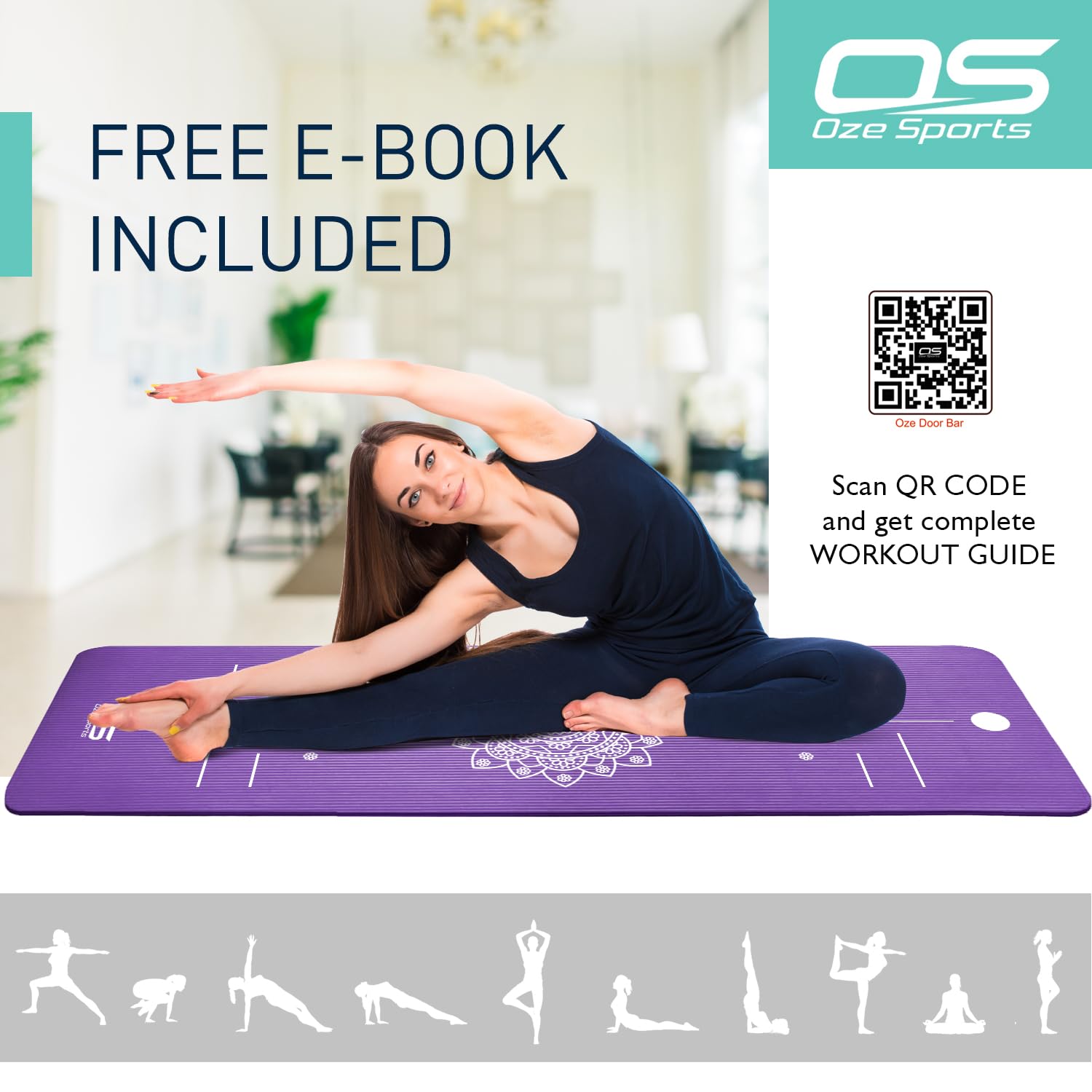OZE SPORTS Yoga Mat, NBR Foam, Extra Thick, Non-Slip, High Density, Large, for Pilates, Gymnastics, HiiT and Fitness, with Free Carry Strap