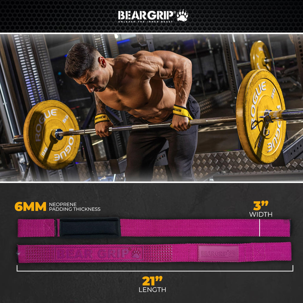 BEAR GRIP Straps - Premium Neoprene Padded Heavy Duty Double Stitched Weight Lifting Gym Straps, Deadlift, Gym Accessories for Men and Women, Advanced Gel Grip, 100% cotton, Extra long length