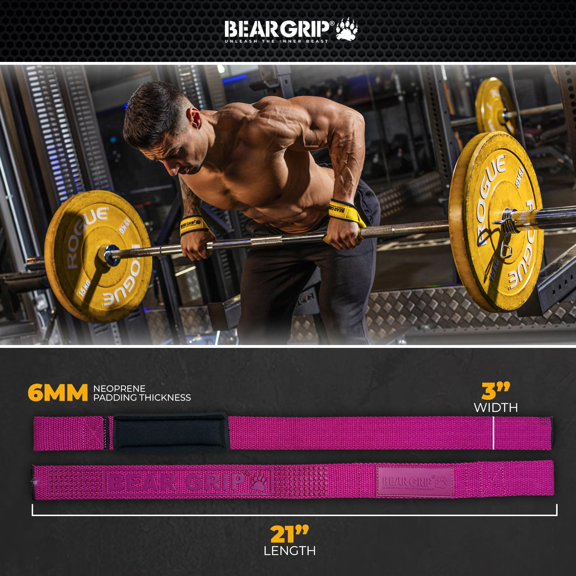 BEAR GRIP Straps - Premium Neoprene Padded Heavy Duty Double Stitched Weight Lifting Gym Straps, Deadlift, Gym Accessories for Men and Women, Advanced Gel Grip, 100% cotton, Extra long length