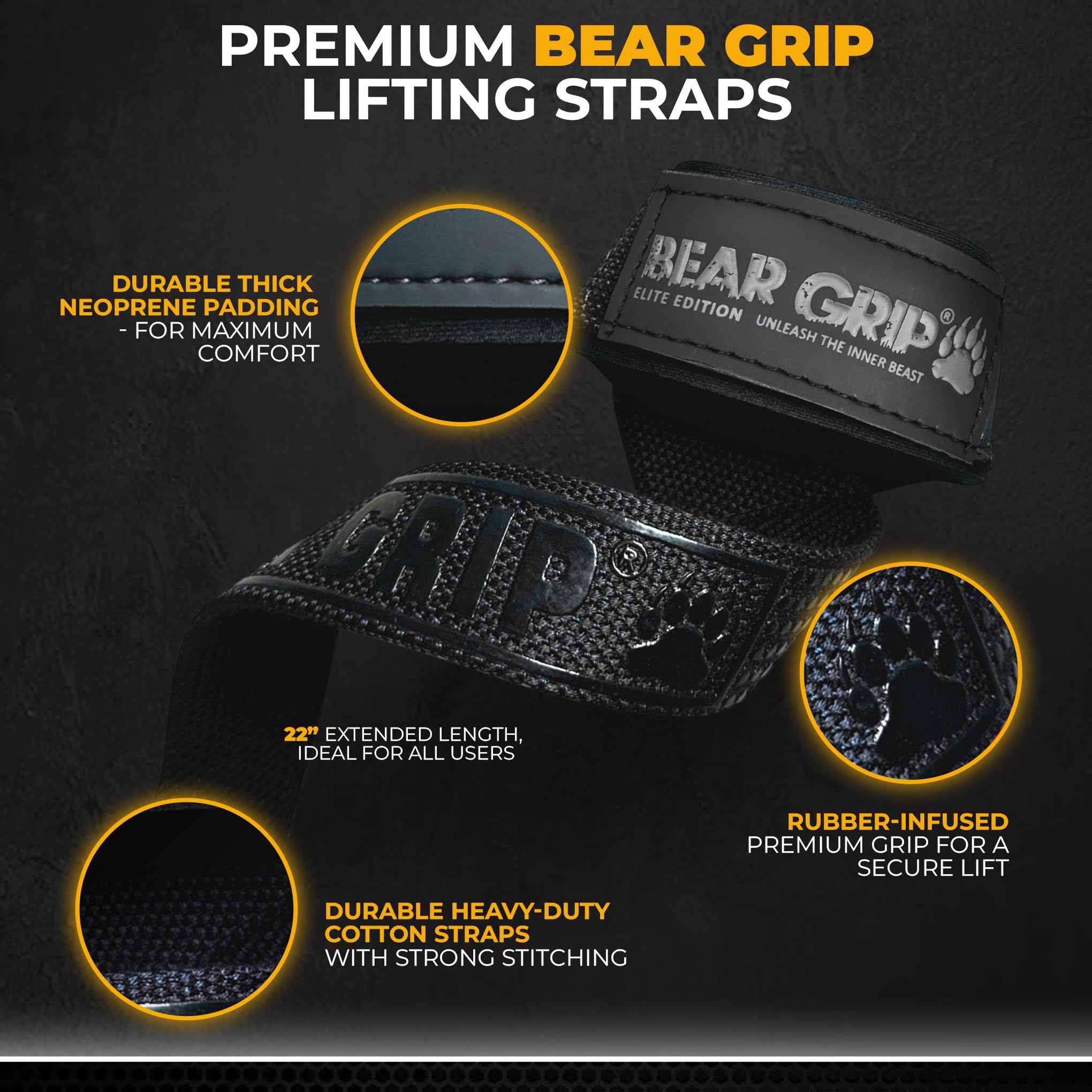BEAR GRIP Straps - Premium Neoprene Padded Heavy Duty Double Stitched Weight Lifting Gym Straps, Deadlift, Gym Accessories for Men and Women, Advanced Gel Grip, 100% cotton, Extra long length
