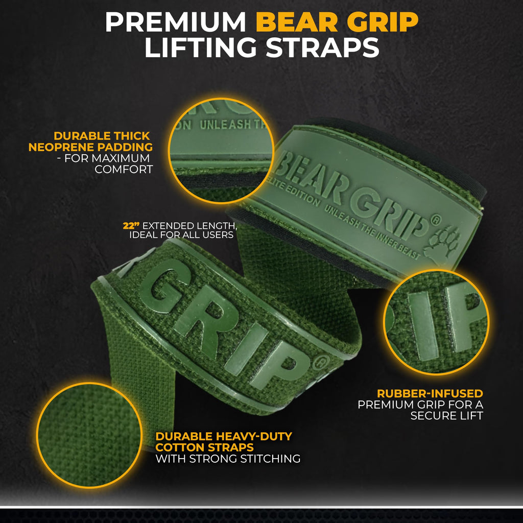 BEAR GRIP Straps - Premium Neoprene Padded Heavy Duty Double Stitched Weight Lifting Gym Straps, Deadlift, Gym Accessories for Men and Women, Advanced Gel Grip, 100% cotton, Extra long length