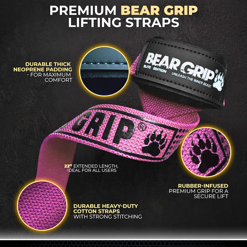 BEAR GRIP Straps - Premium Neoprene Padded Heavy Duty Double Stitched Weight Lifting Gym Straps, Deadlift, Gym Accessories for Men and Women, Advanced Gel Grip, 100% cotton, Extra long length
