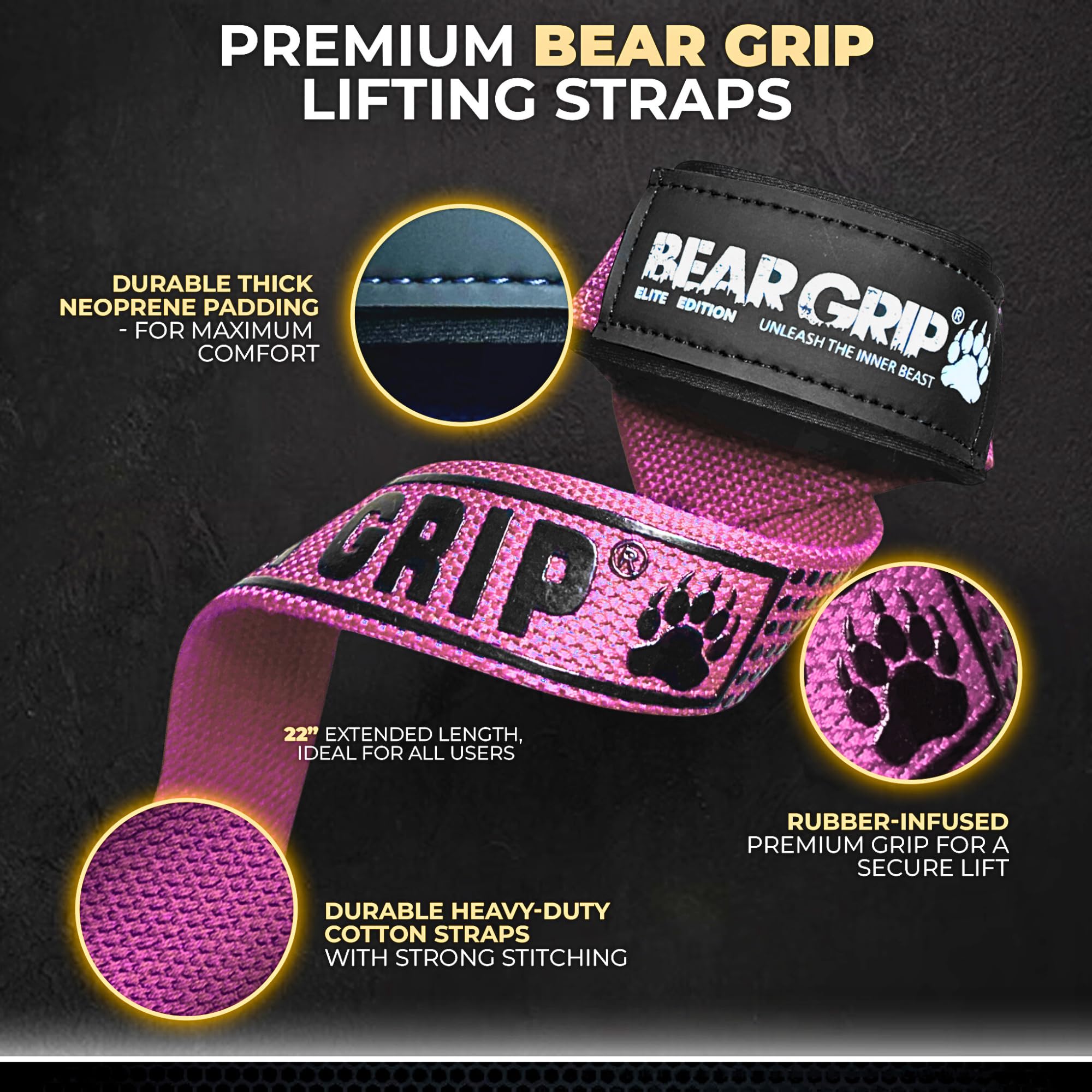 BEAR GRIP Straps - Premium Neoprene Padded Heavy Duty Double Stitched Weight Lifting Gym Straps, Deadlift, Gym Accessories for Men and Women, Advanced Gel Grip, 100% cotton, Extra long length