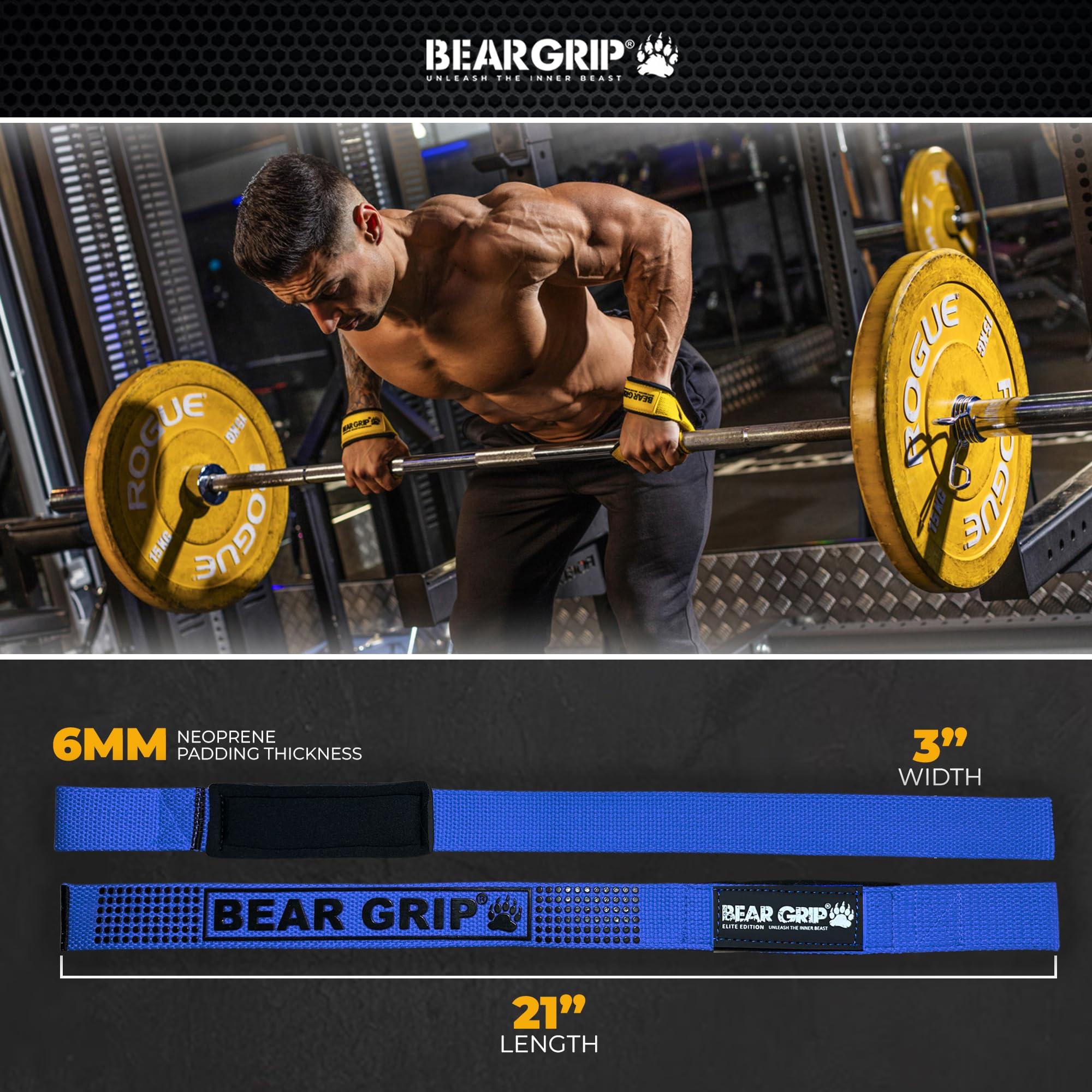BEAR GRIP Straps - Premium Neoprene Padded Heavy Duty Double Stitched Weight Lifting Gym Straps, Deadlift, Gym Accessories for Men and Women, Advanced Gel Grip, 100% cotton, Extra long length