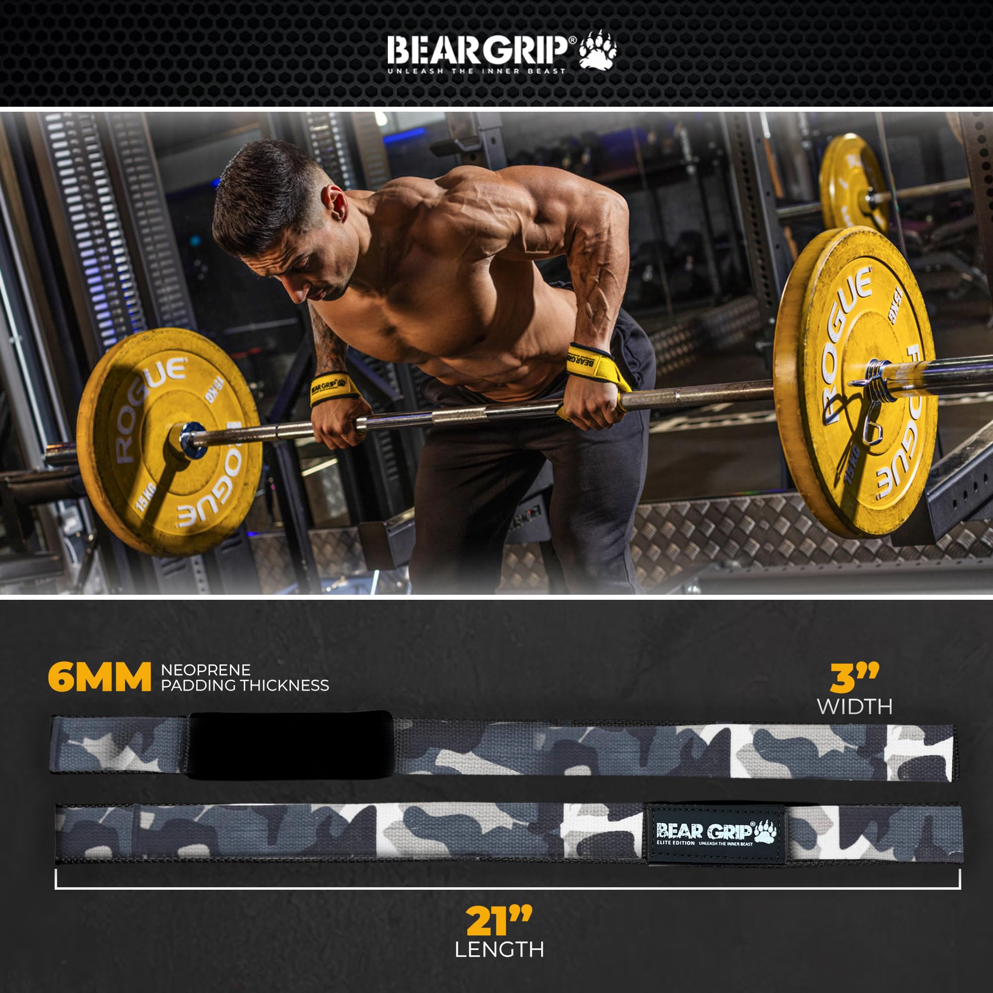 BEAR GRIP Straps - Premium Neoprene Padded Heavy Duty Double Stitched Weight Lifting Gym Straps, Deadlift, Gym Accessories for Men and Women, Advanced Gel Grip, 100% cotton, Extra long length