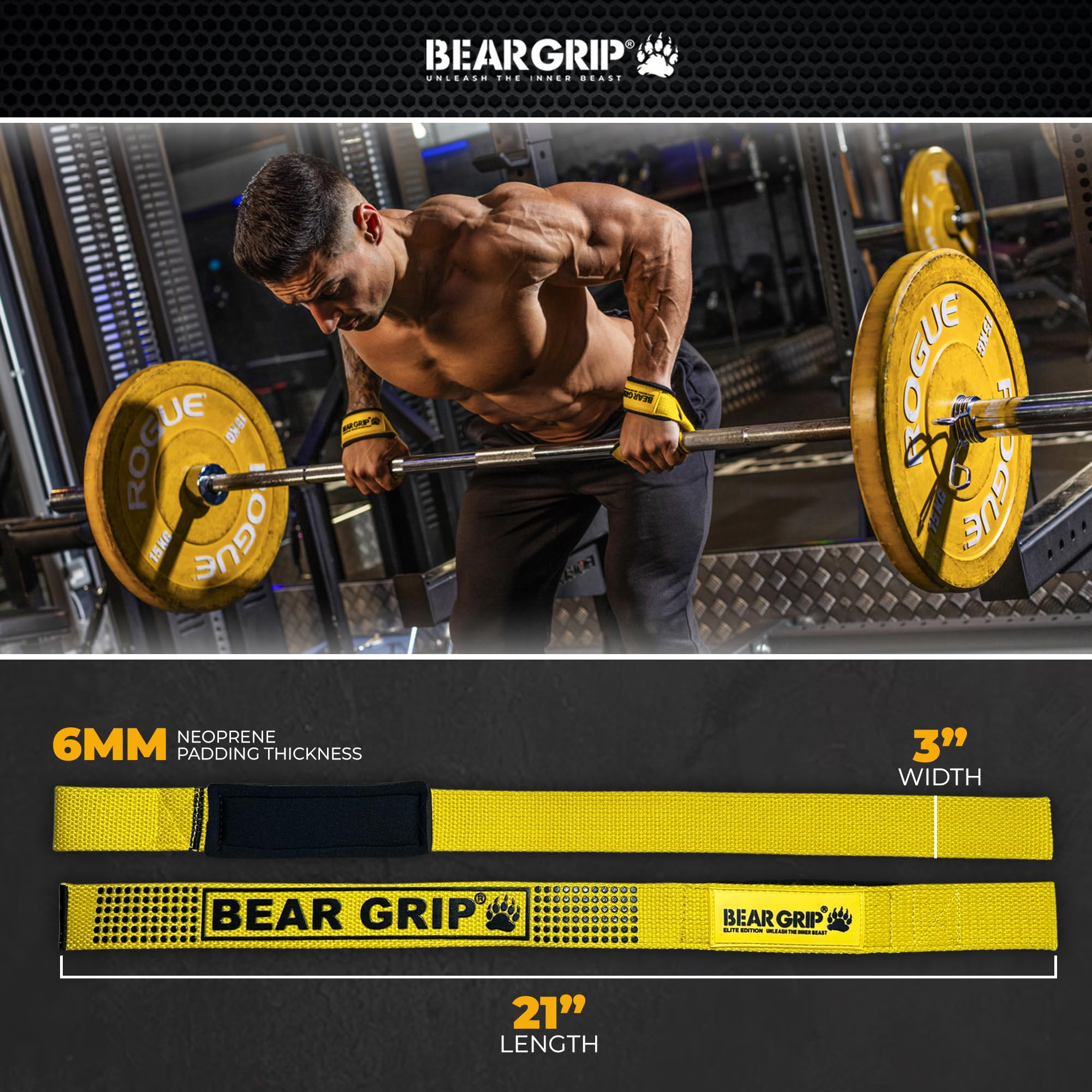 BEAR GRIP Straps - Premium Neoprene Padded Heavy Duty Double Stitched Weight Lifting Gym Straps, Deadlift, Gym Accessories for Men and Women, Advanced Gel Grip, 100% cotton, Extra long length