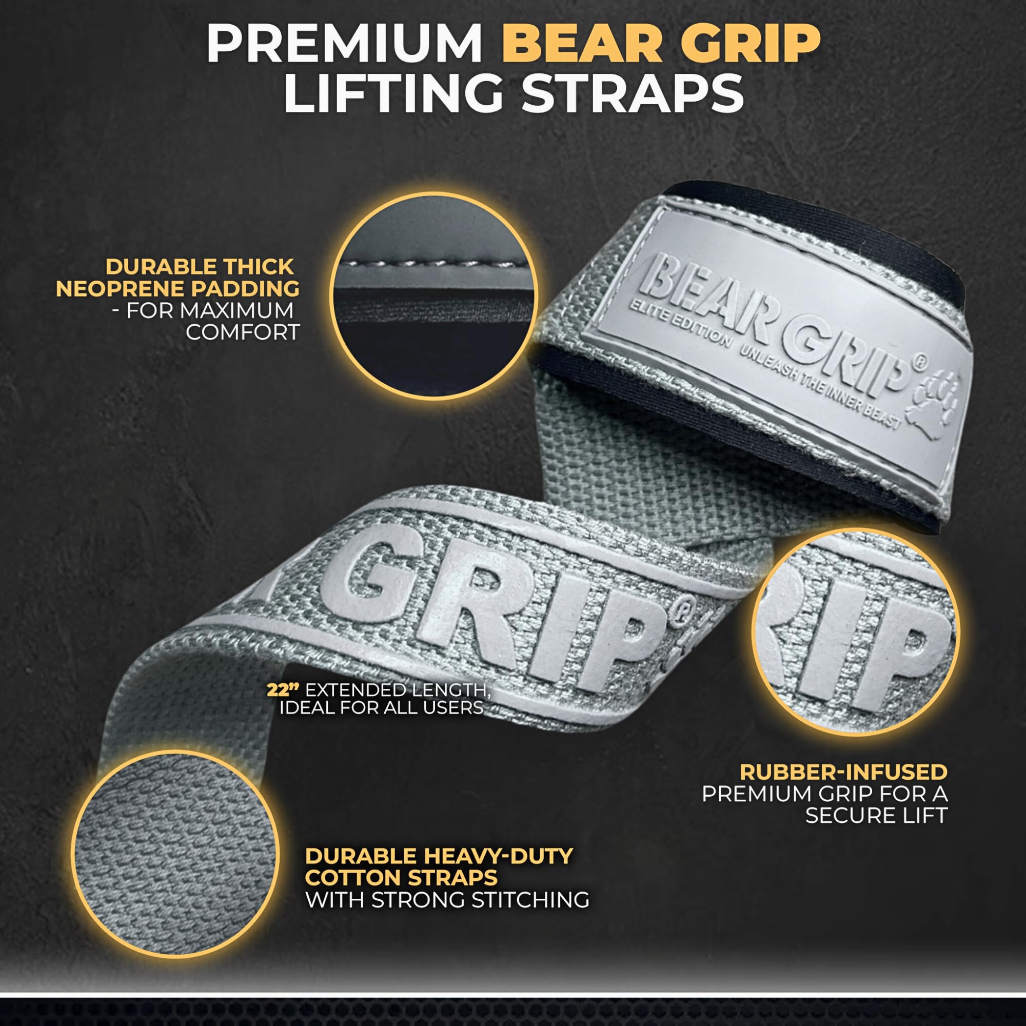 BEAR GRIP Straps - Premium Neoprene Padded Heavy Duty Double Stitched Weight Lifting Gym Straps, Deadlift, Gym Accessories for Men and Women, Advanced Gel Grip, 100% cotton, Extra long length