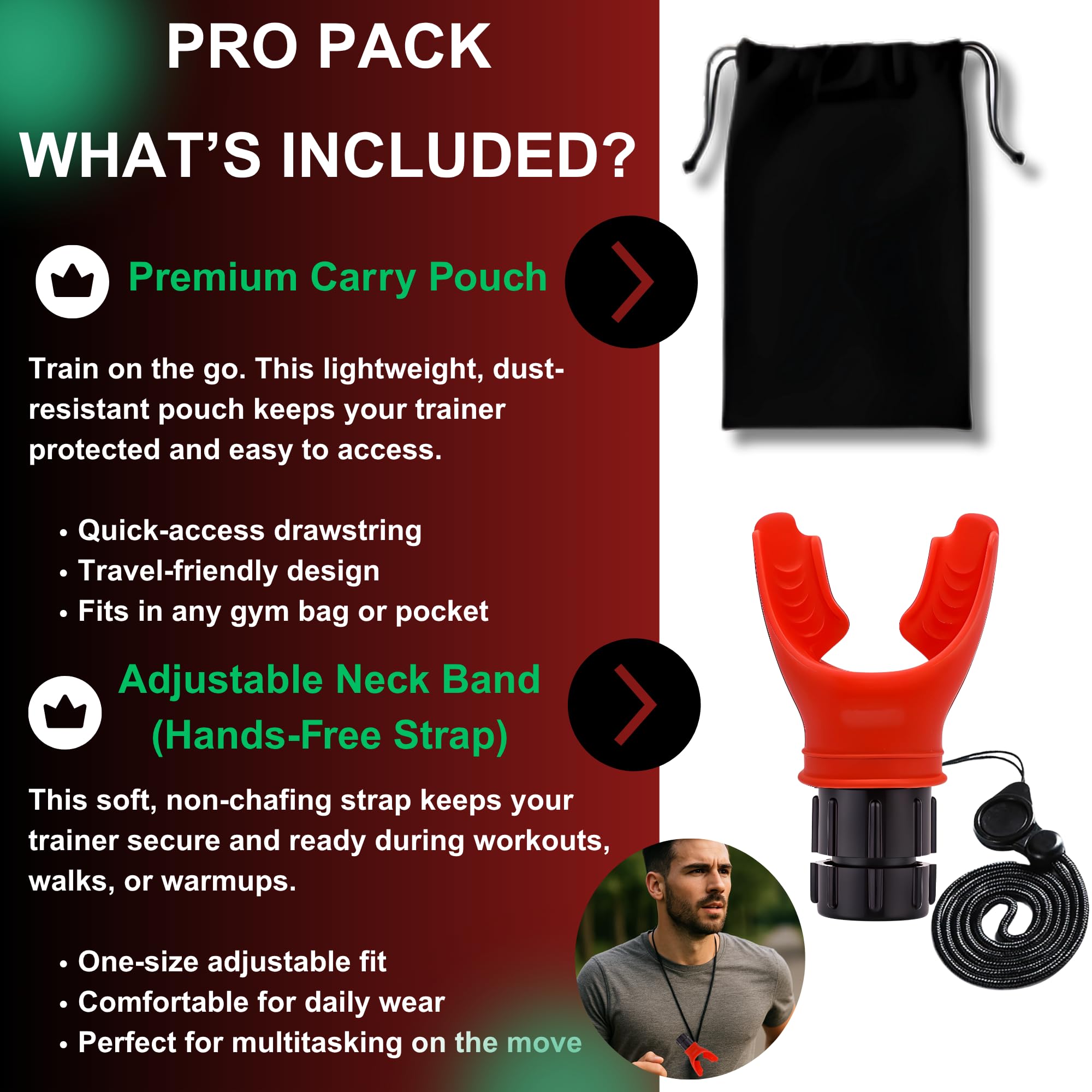 Lung Trainer Pro, Resistance Breathing Exerciser, Adjustable Respiratory Training Device for Athletes & Fitness, Portable & Easy to Clean with Neck Strap & Carry Pouch - Carbon Black