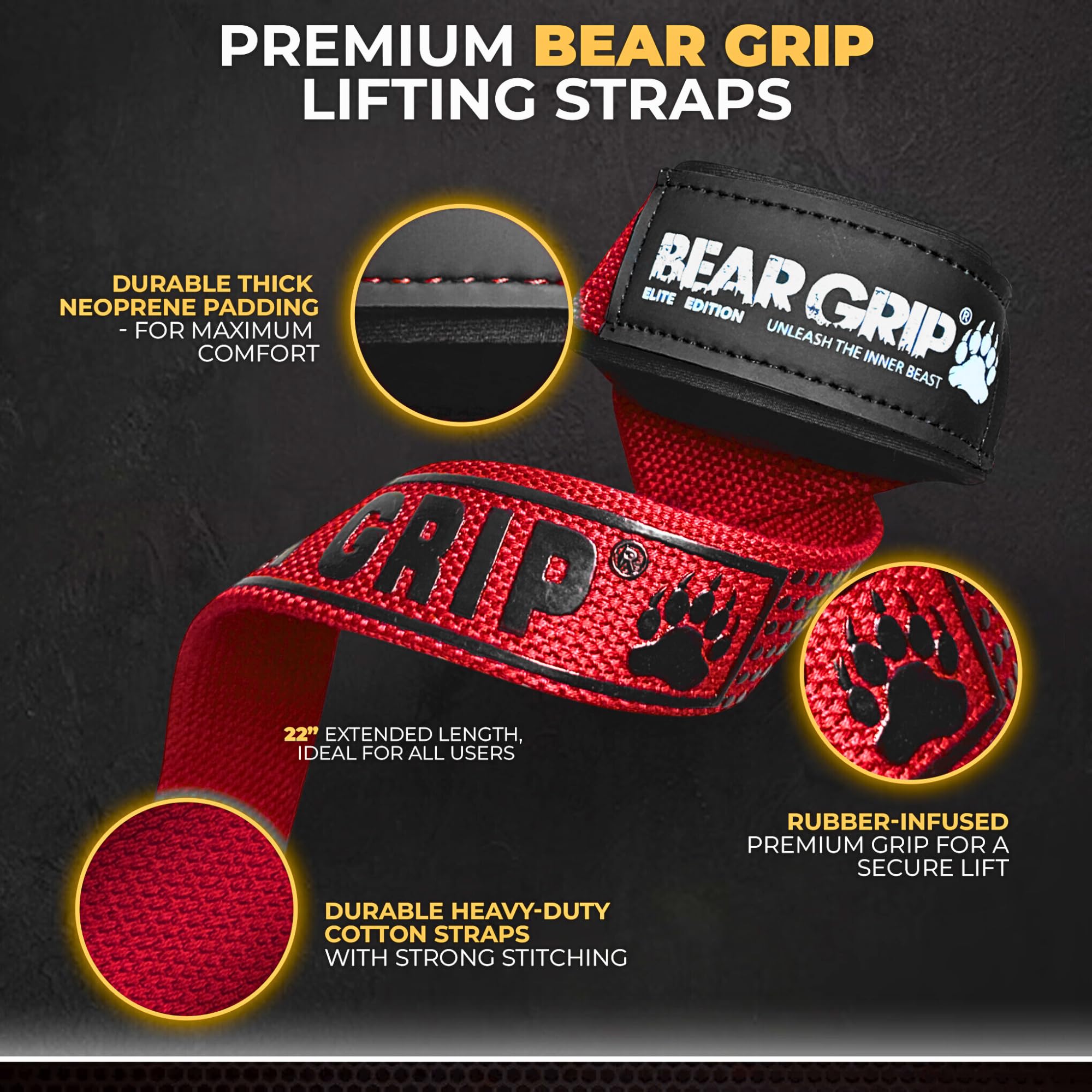 BEAR GRIP Straps - Premium Neoprene Padded Heavy Duty Double Stitched Weight Lifting Gym Straps, Deadlift, Gym Accessories for Men and Women, Advanced Gel Grip, 100% cotton, Extra long length