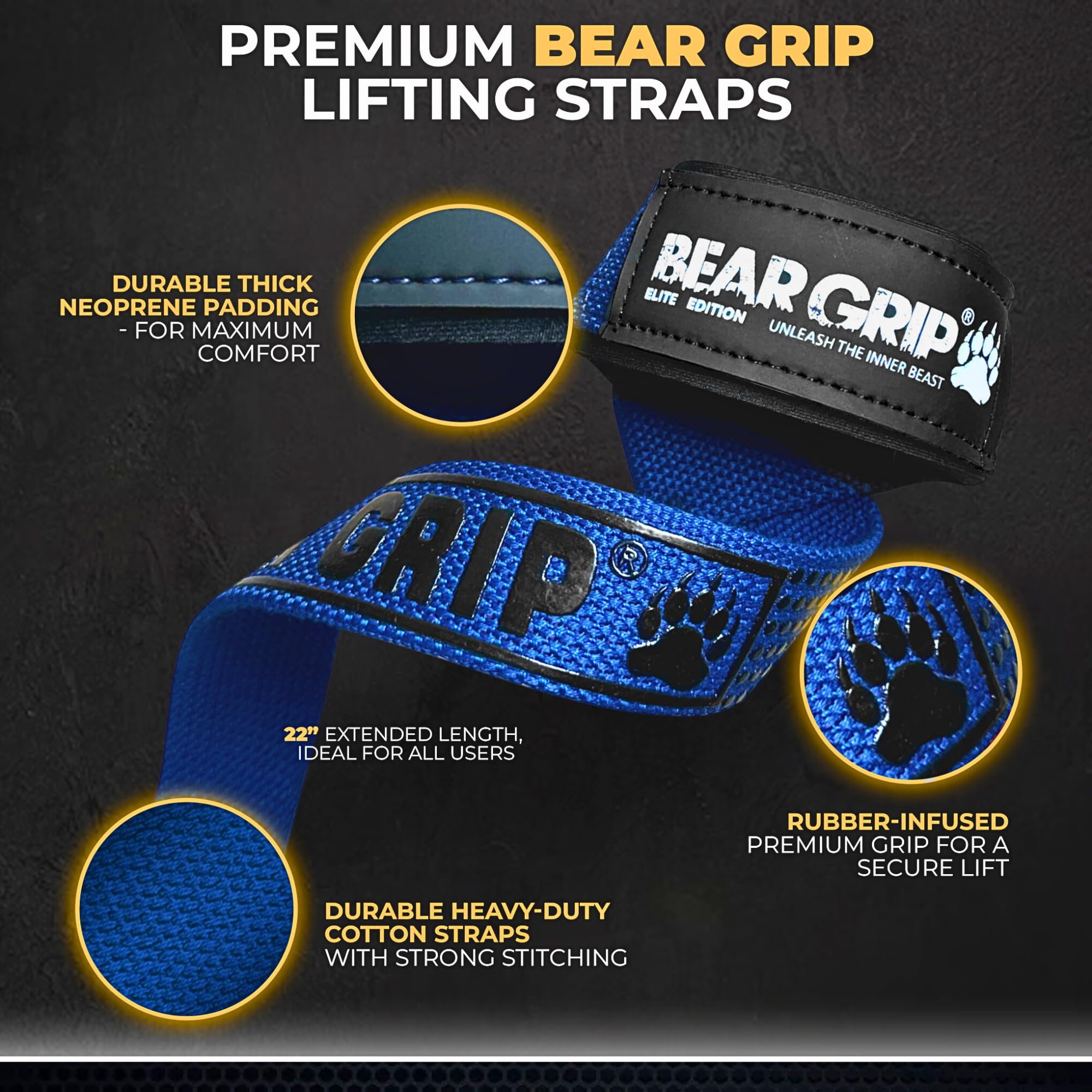 BEAR GRIP Straps - Premium Neoprene Padded Heavy Duty Double Stitched Weight Lifting Gym Straps, Deadlift, Gym Accessories for Men and Women, Advanced Gel Grip, 100% cotton, Extra long length