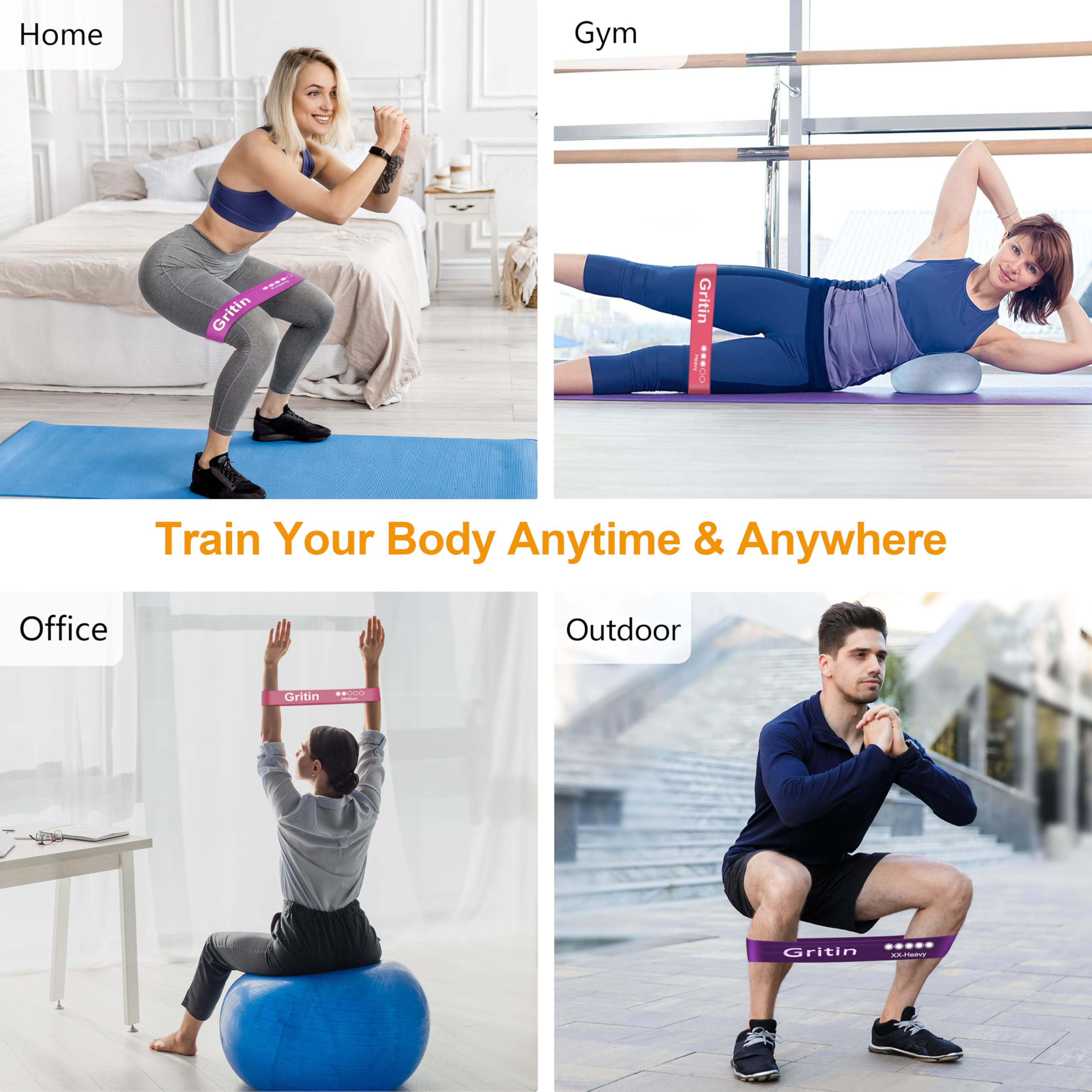 Gritin Resistance Bands, Set of 5 Skin-Friendly Resistance Fitness Exercise Loop Bands with 5 Different Strength Levels - Carrying Case Included - Ideal for Home, Gym, Yoga, Training