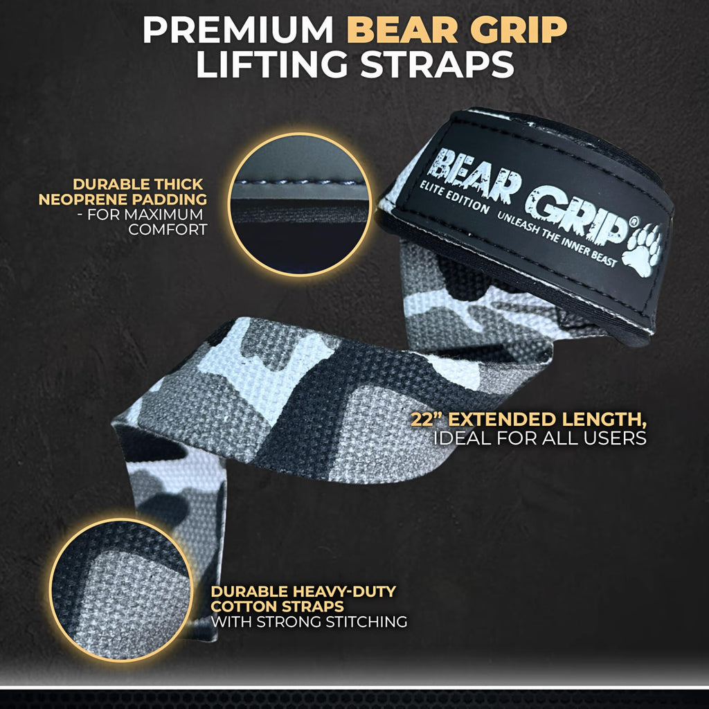 BEAR GRIP Straps - Premium Neoprene Padded Heavy Duty Double Stitched Weight Lifting Gym Straps, Deadlift, Gym Accessories for Men and Women, Advanced Gel Grip, 100% cotton, Extra long length