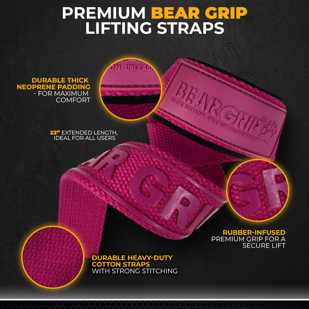 BEAR GRIP Straps - Premium Neoprene Padded Heavy Duty Double Stitched Weight Lifting Gym Straps, Deadlift, Gym Accessories for Men and Women, Advanced Gel Grip, 100% cotton, Extra long length